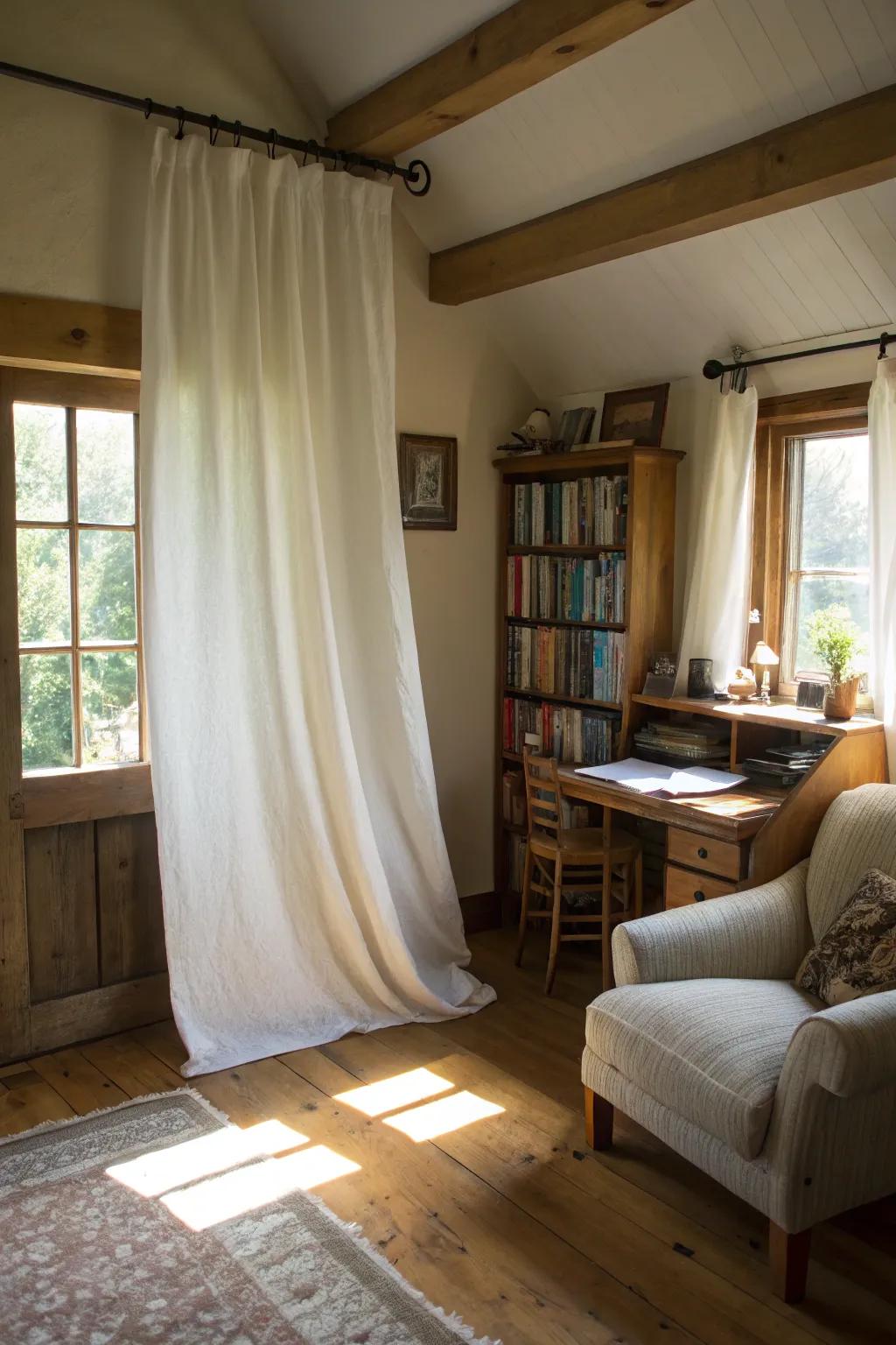 Strategic placement of treatments at an elevated and expansive position enhances the perceived space within this petite study.