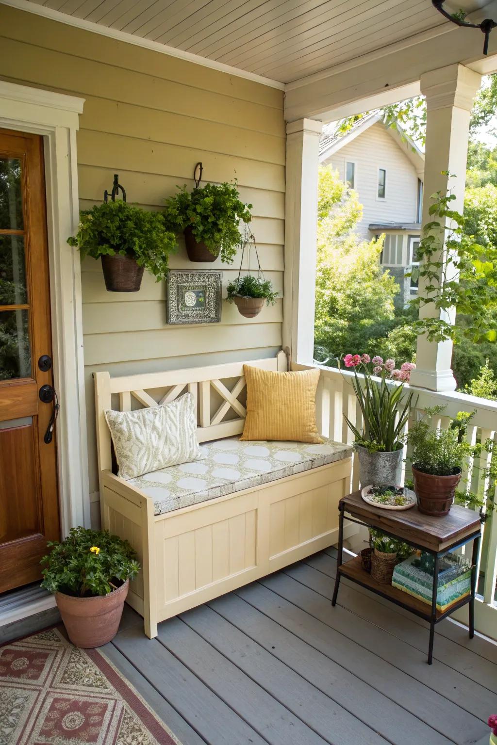 A multifunctional bench adds seating and storage to a small porch.