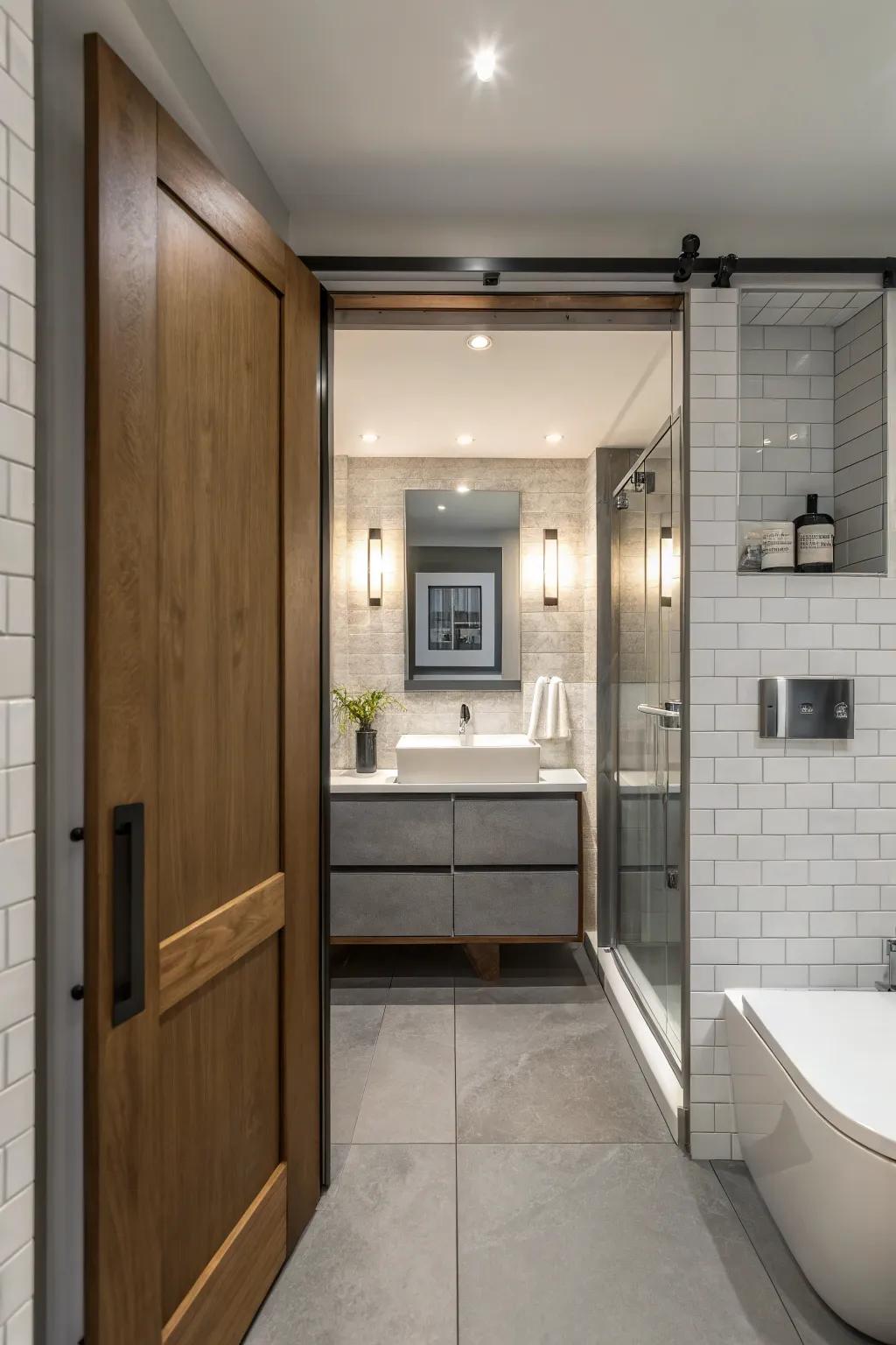 A pocket door improves space efficiency in a compact bathroom.