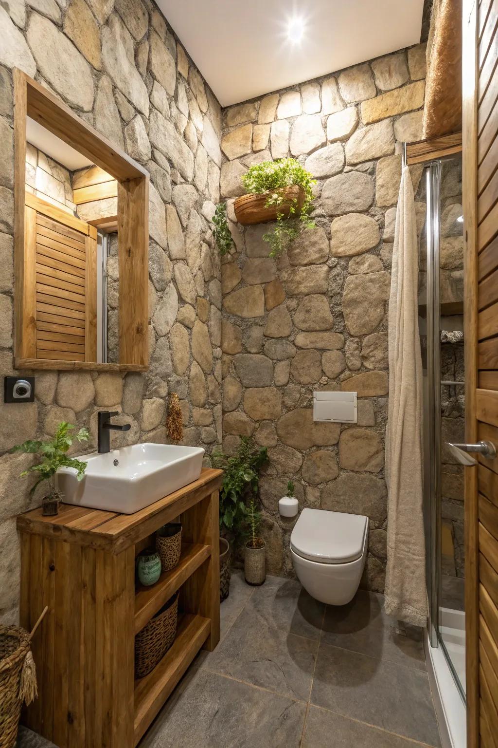 Stone-textured panels in a small bathroom, exuding luxury and tranquility.