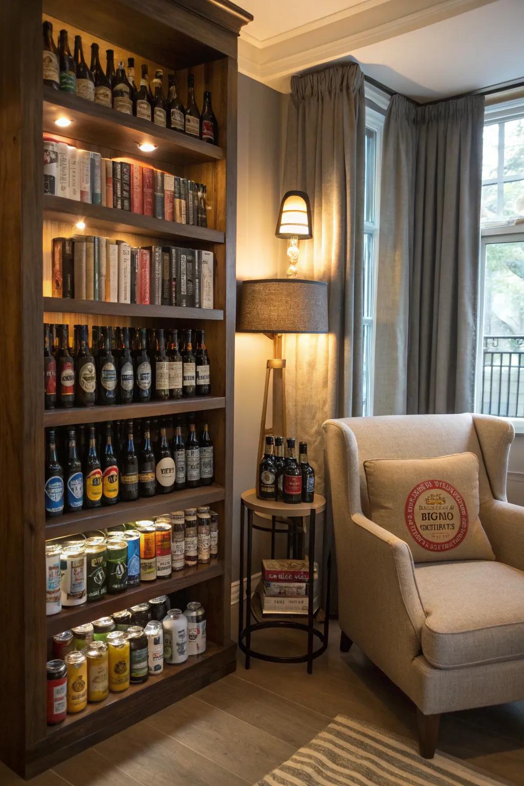 Seasonal beer display enabling effortless thematic changes.