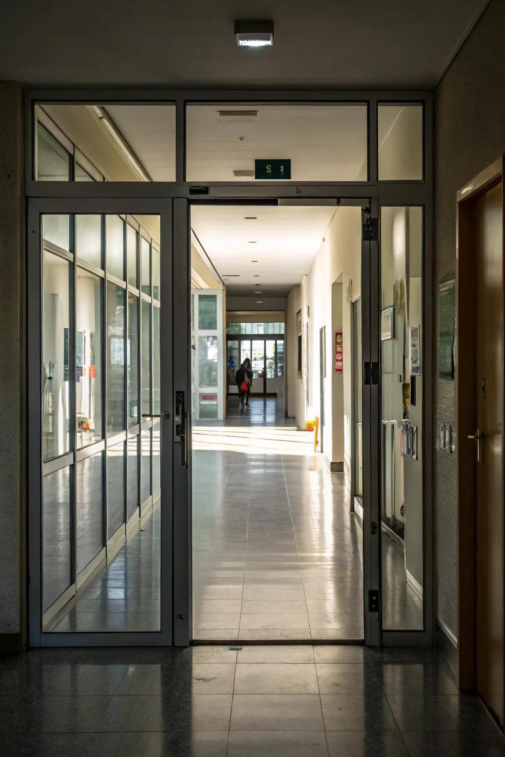 Glass doors allow natural light to flow, creating an airy ambiance.