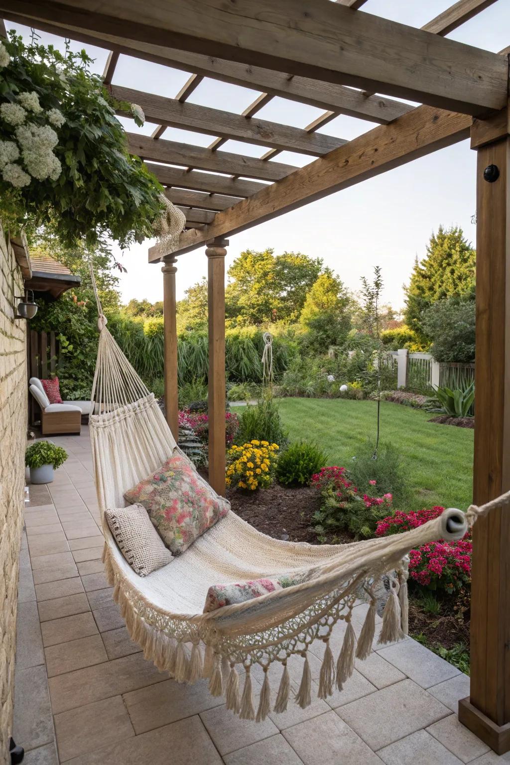 A hammock-ready pergola offers a serene escape on a small patio.