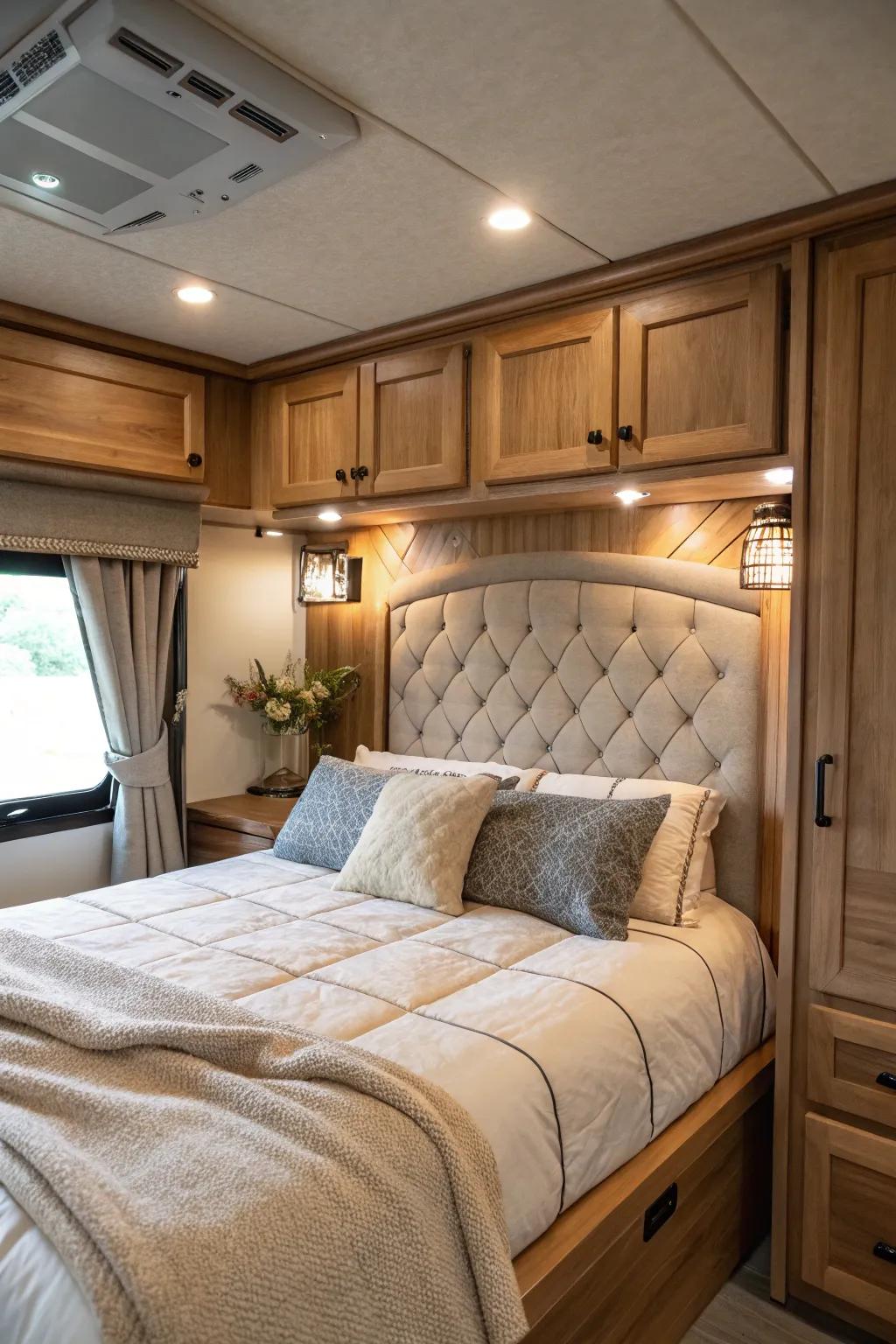 A headboard adds luxury and warmth to your RV bedroom.