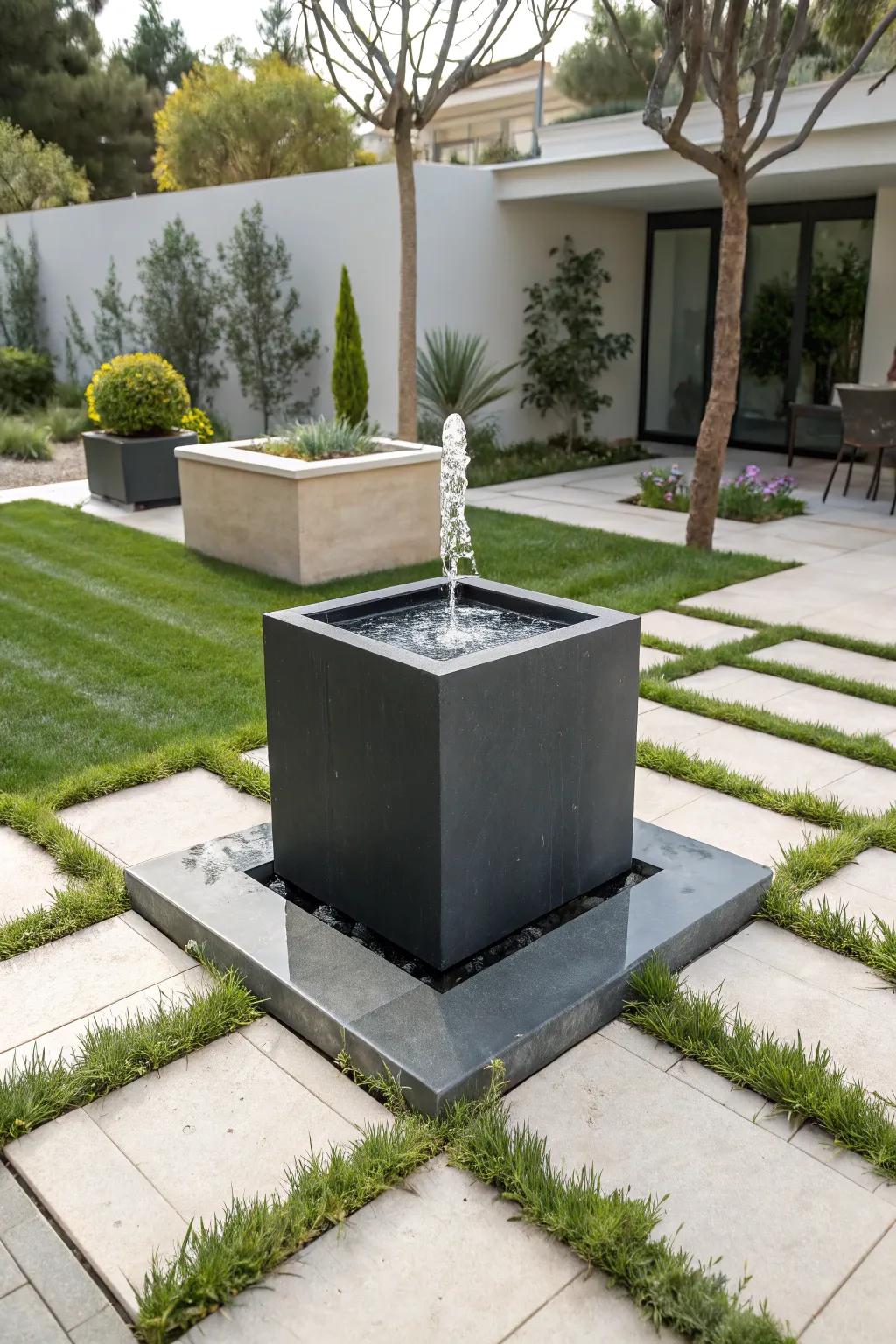A sleek, cube-shaped solar fountain exuding modern sophistication.
