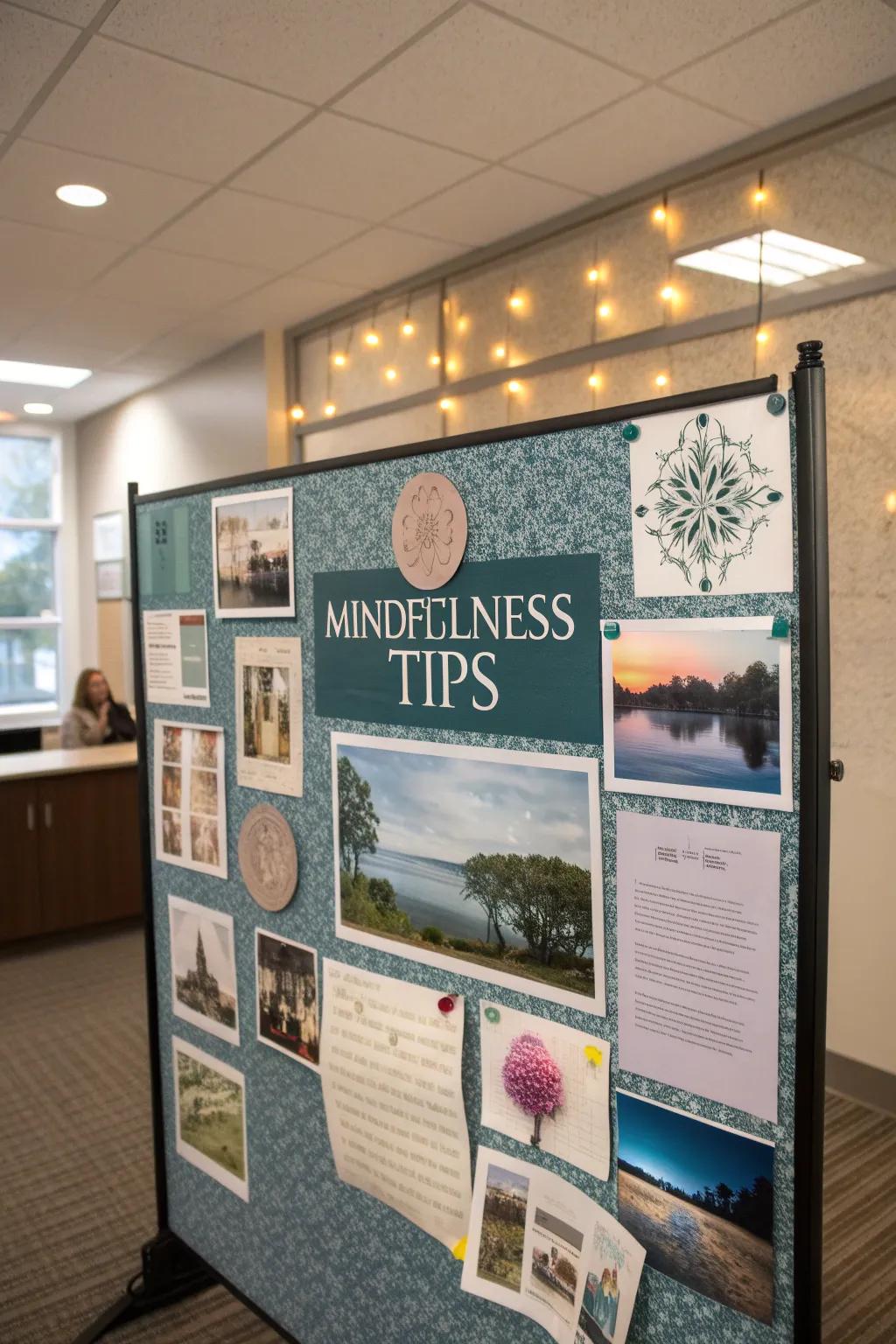 A calming bulletin board focusing on mindfulness and stress relief.