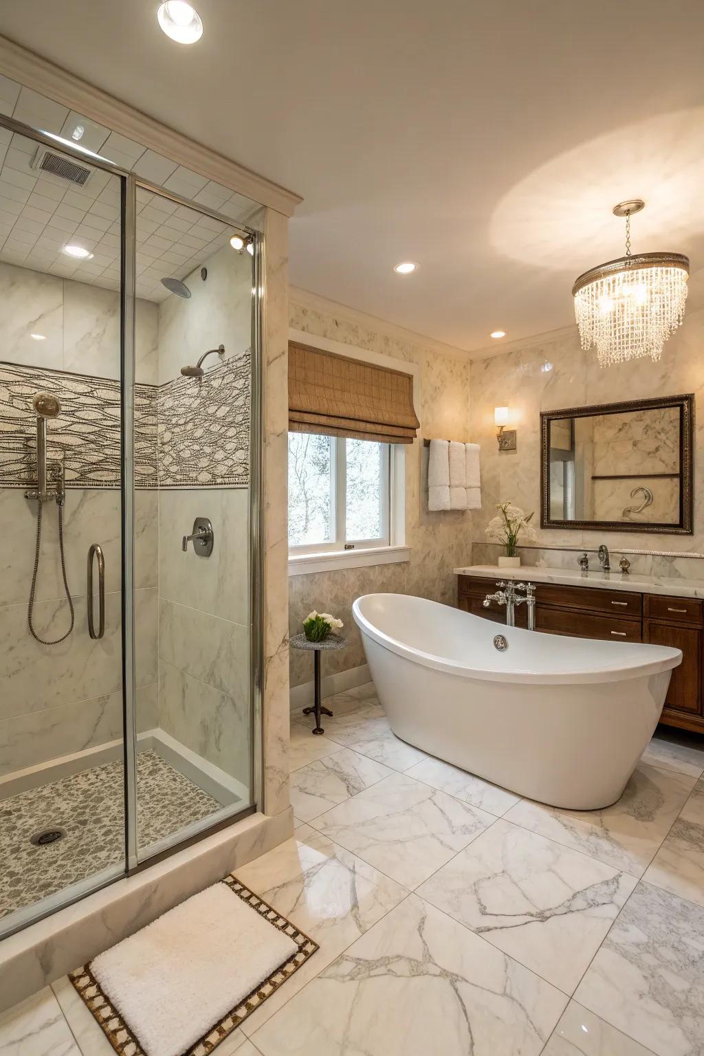 A freestanding tub complements a standup shower for a spa-like experience.