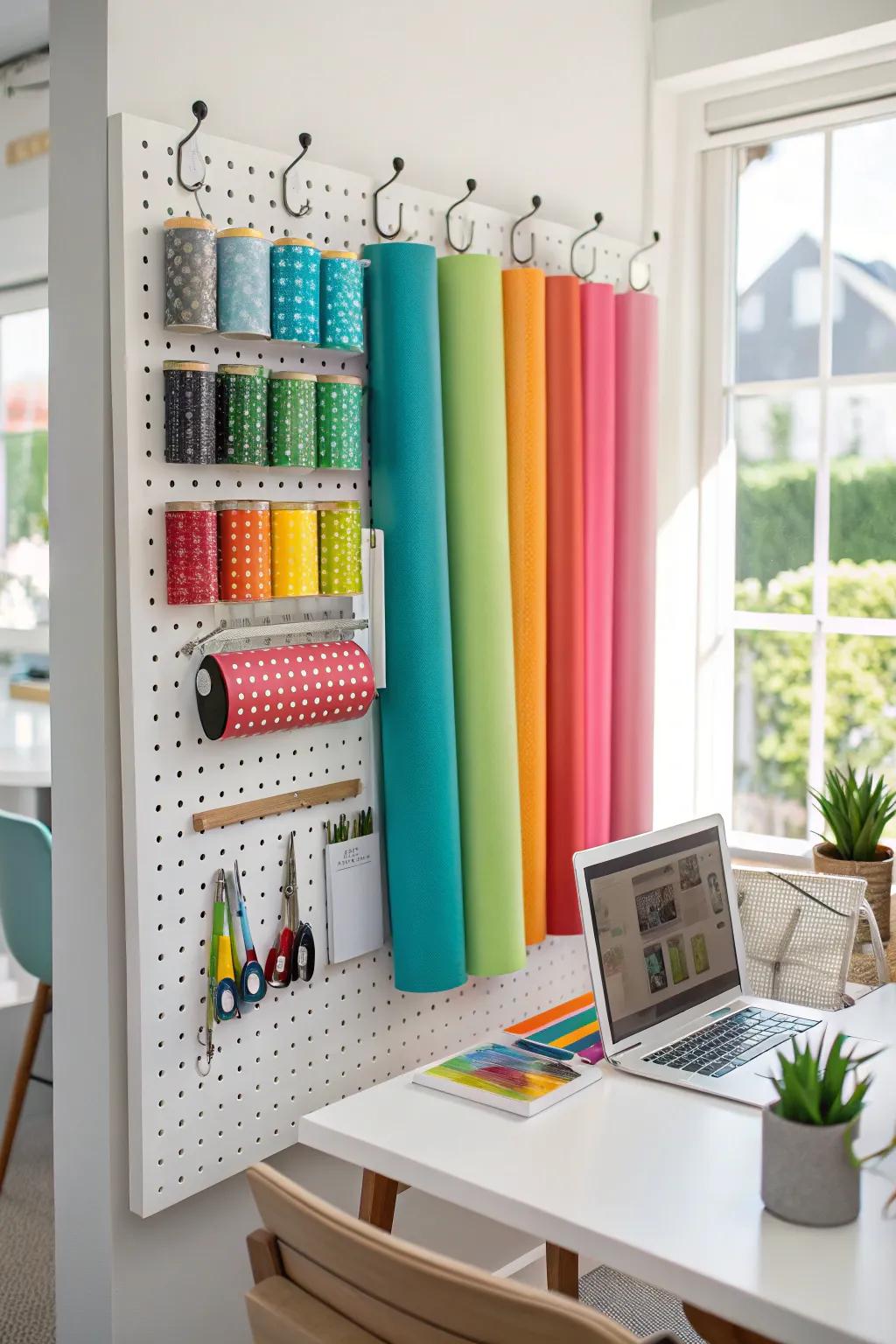 Pegboard displays offer customizable storage for vinyl rolls.