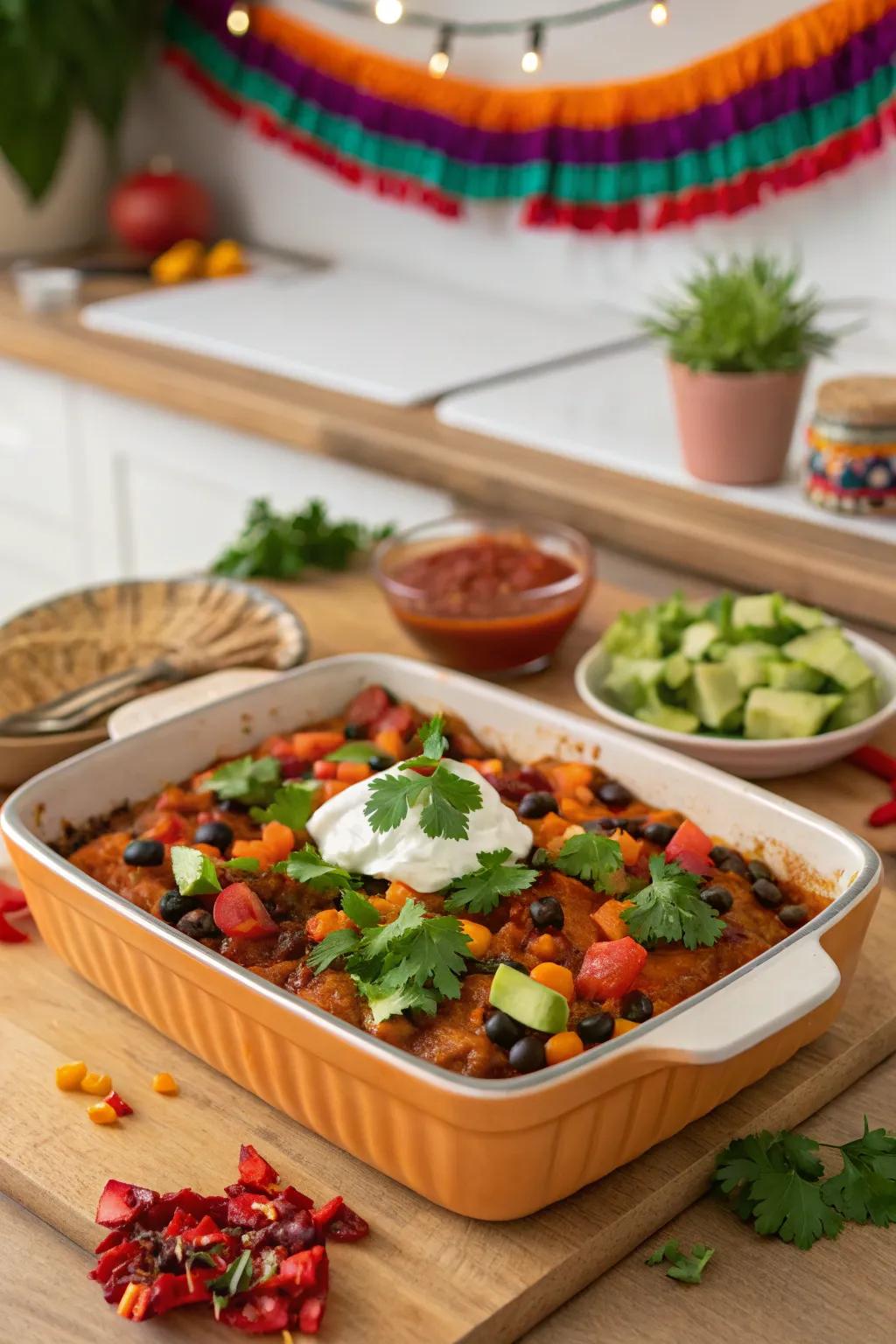 Sweet potato and black bean enchilada casserole, a fusion of taste and color.