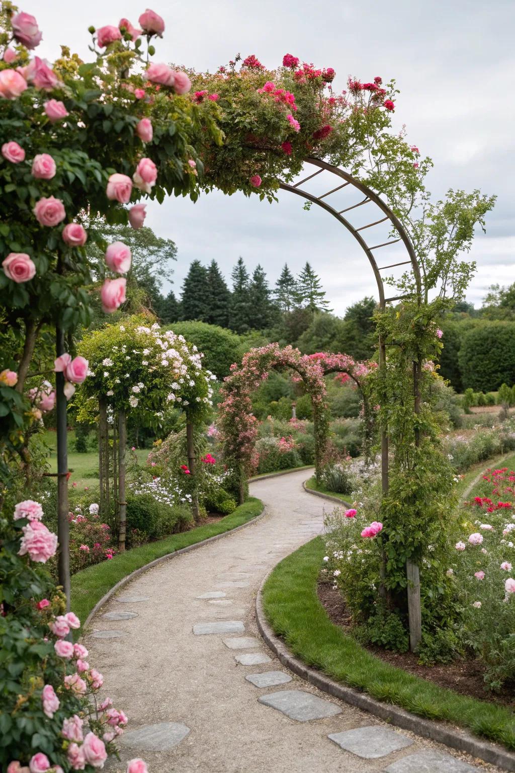 A romantic garden featuring lush climbing plants and inviting paths.