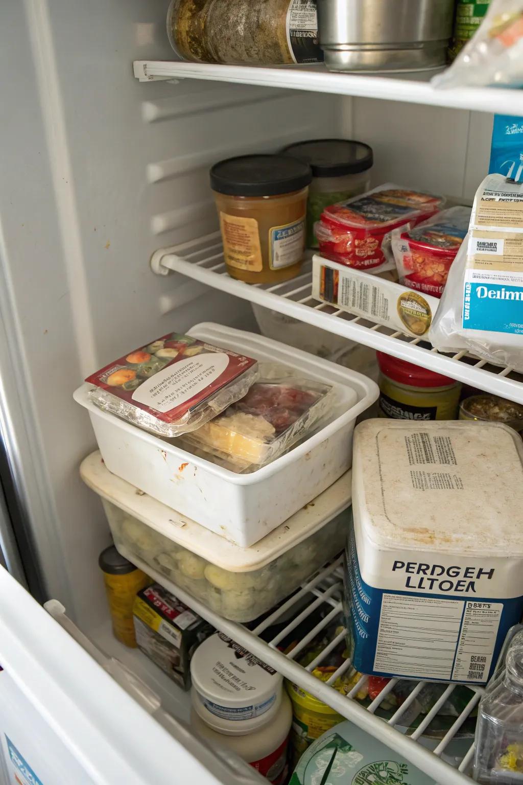 Rotated contents in a top freezer, with older items placed at the front for easy access.