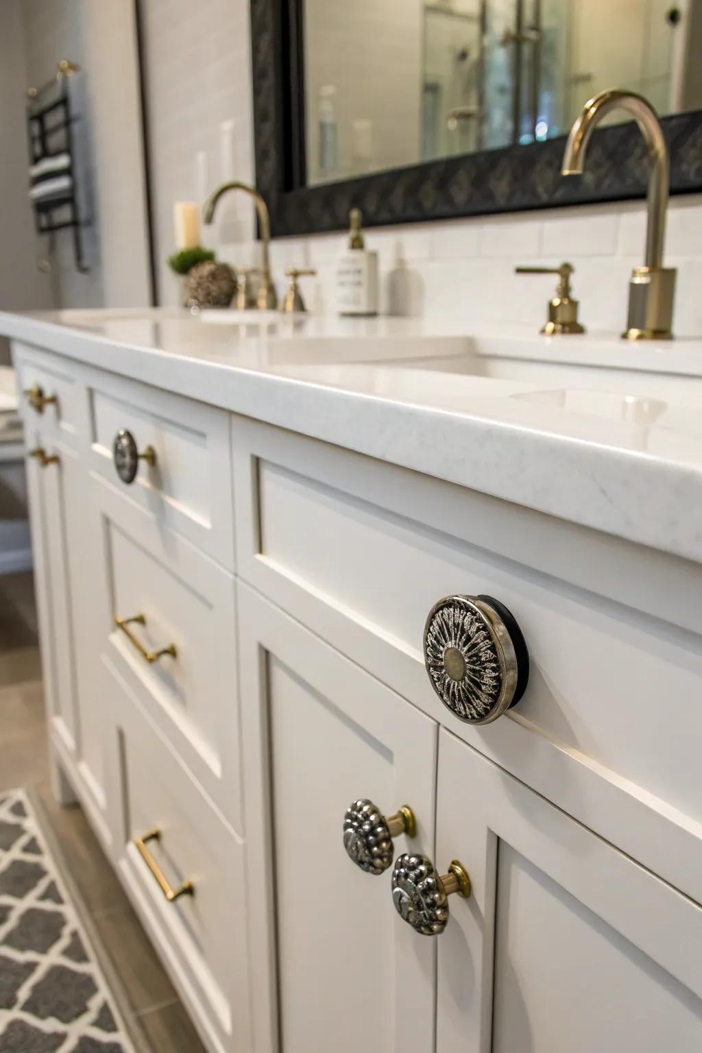 A bathroom vanity featuring unique hardware to add a personal touch.