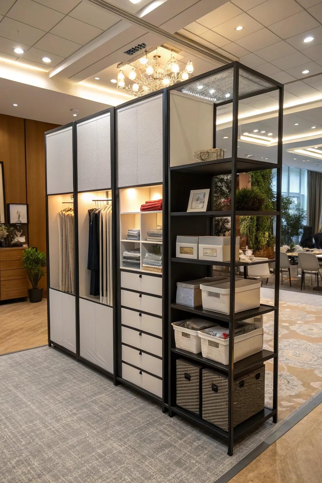 A multi-functional partition that combines storage with style.