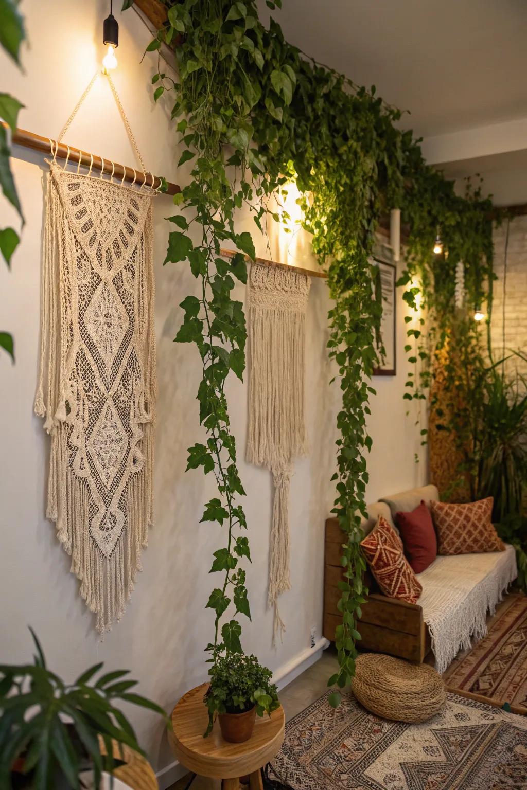 Enrich depth by uniting vines with textured elements such as macrame.