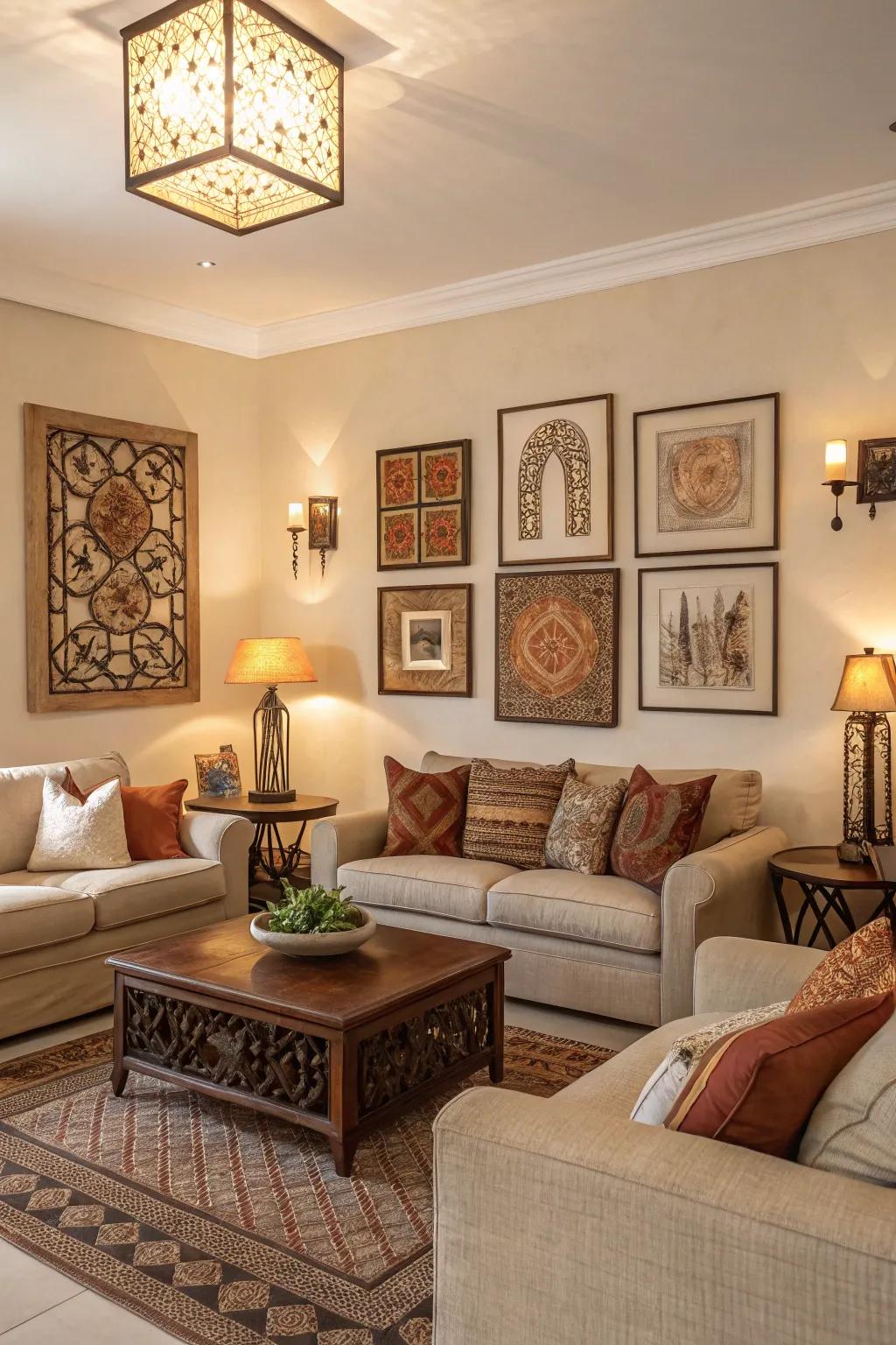 Wall art in warm tones creating a cozy atmosphere.