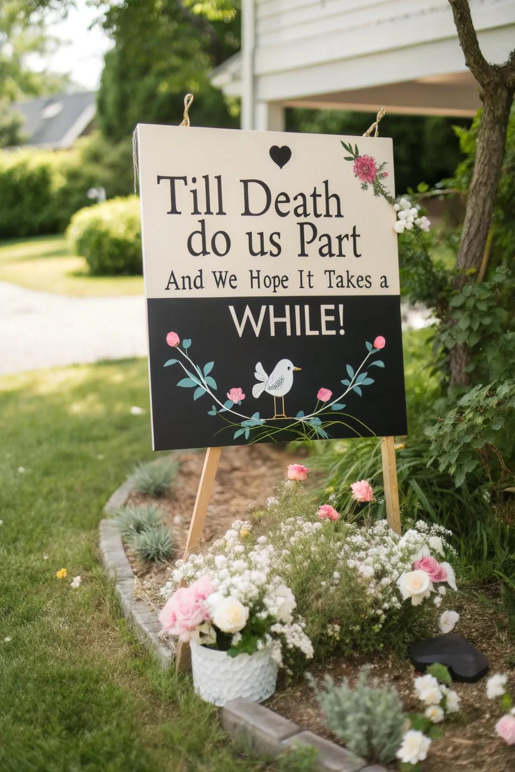 A humorous plaque injecting personality into the wedding.