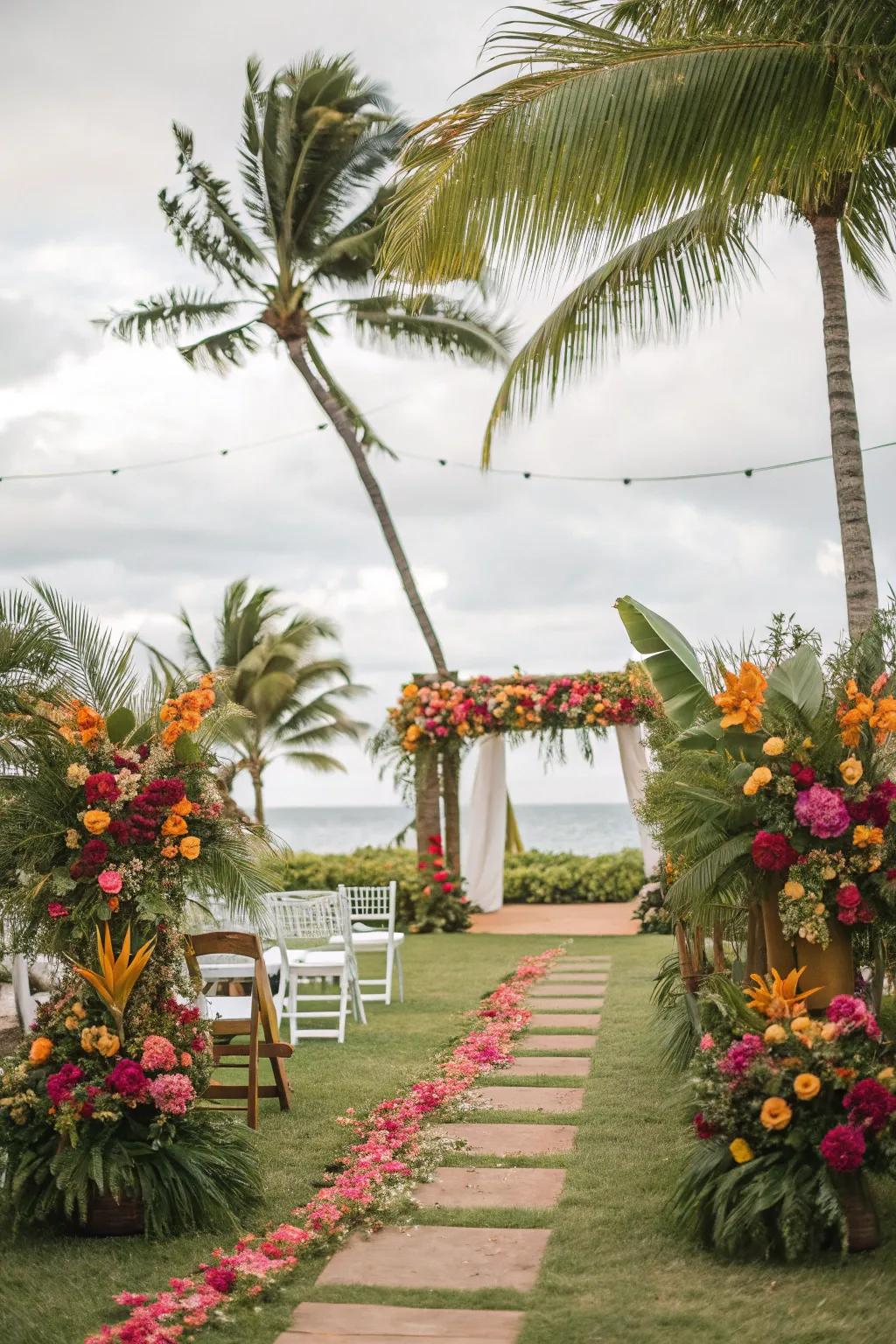 A vibrant tropical wedding theme bursting with color and life.