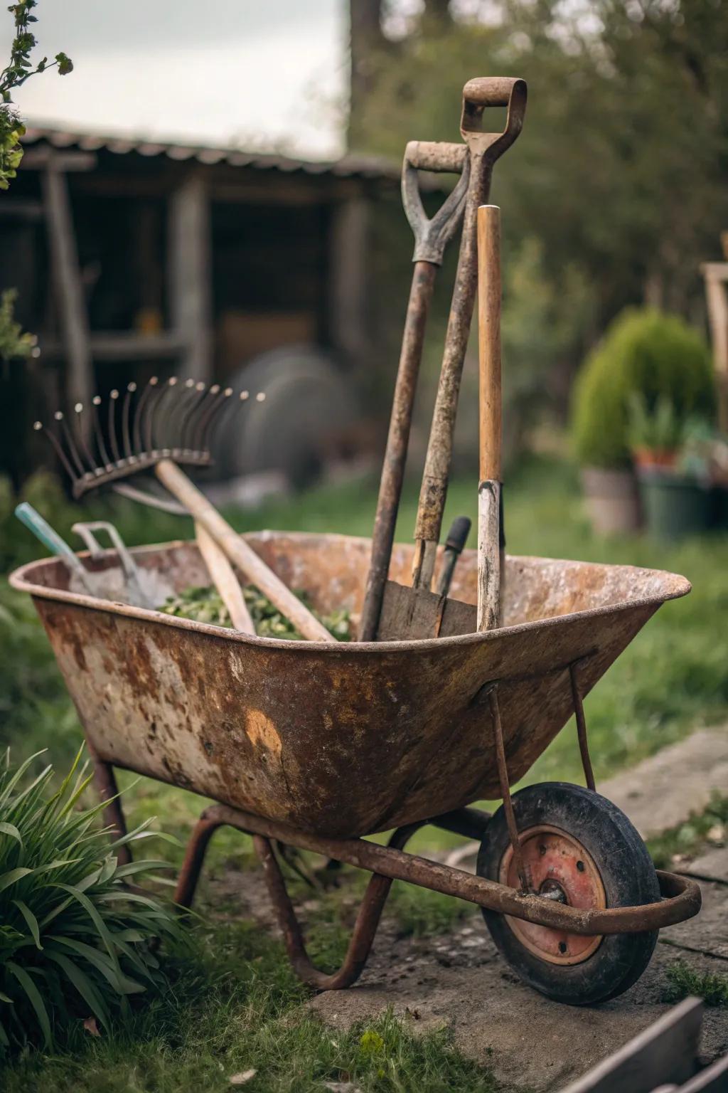 Add rustic charm with a tool-themed wheelbarrow display.