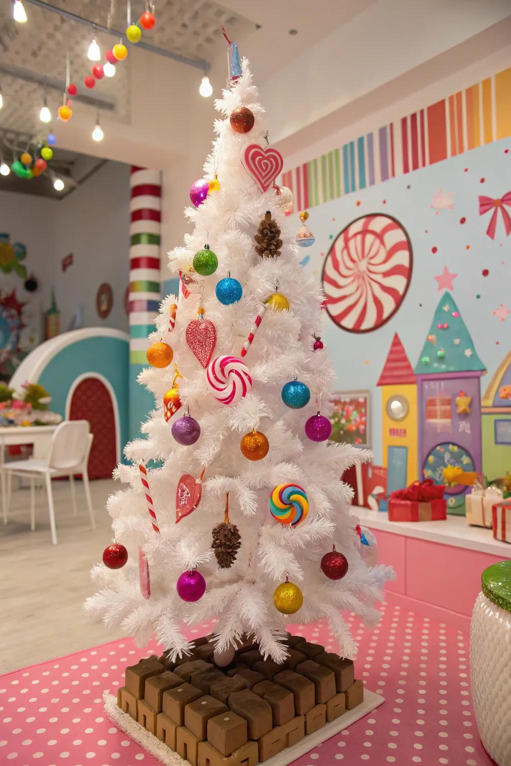 Whimsical candied theme on a white Christmas tree.