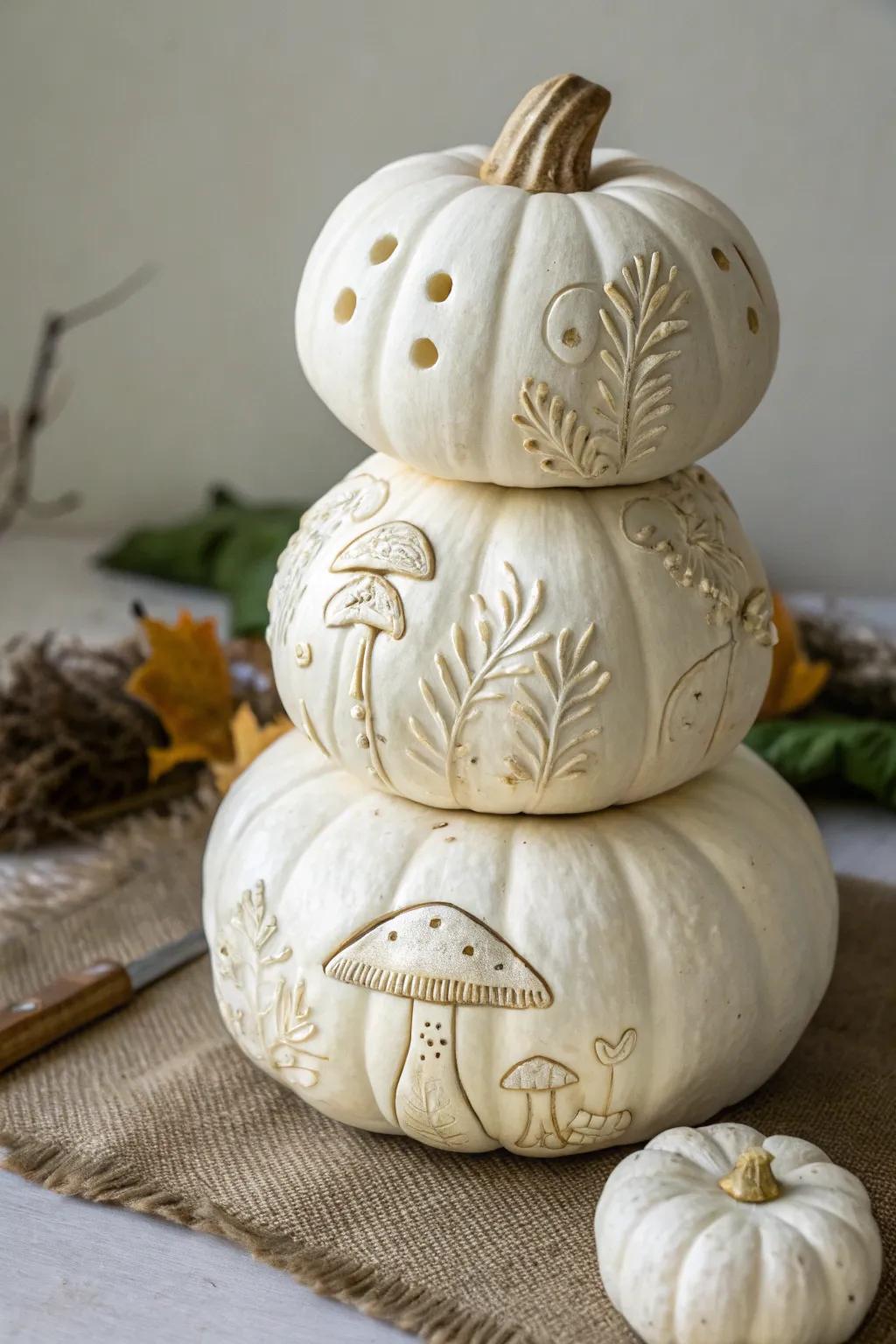 A whimsical mushroom pumpkin design adds charm to any setting.