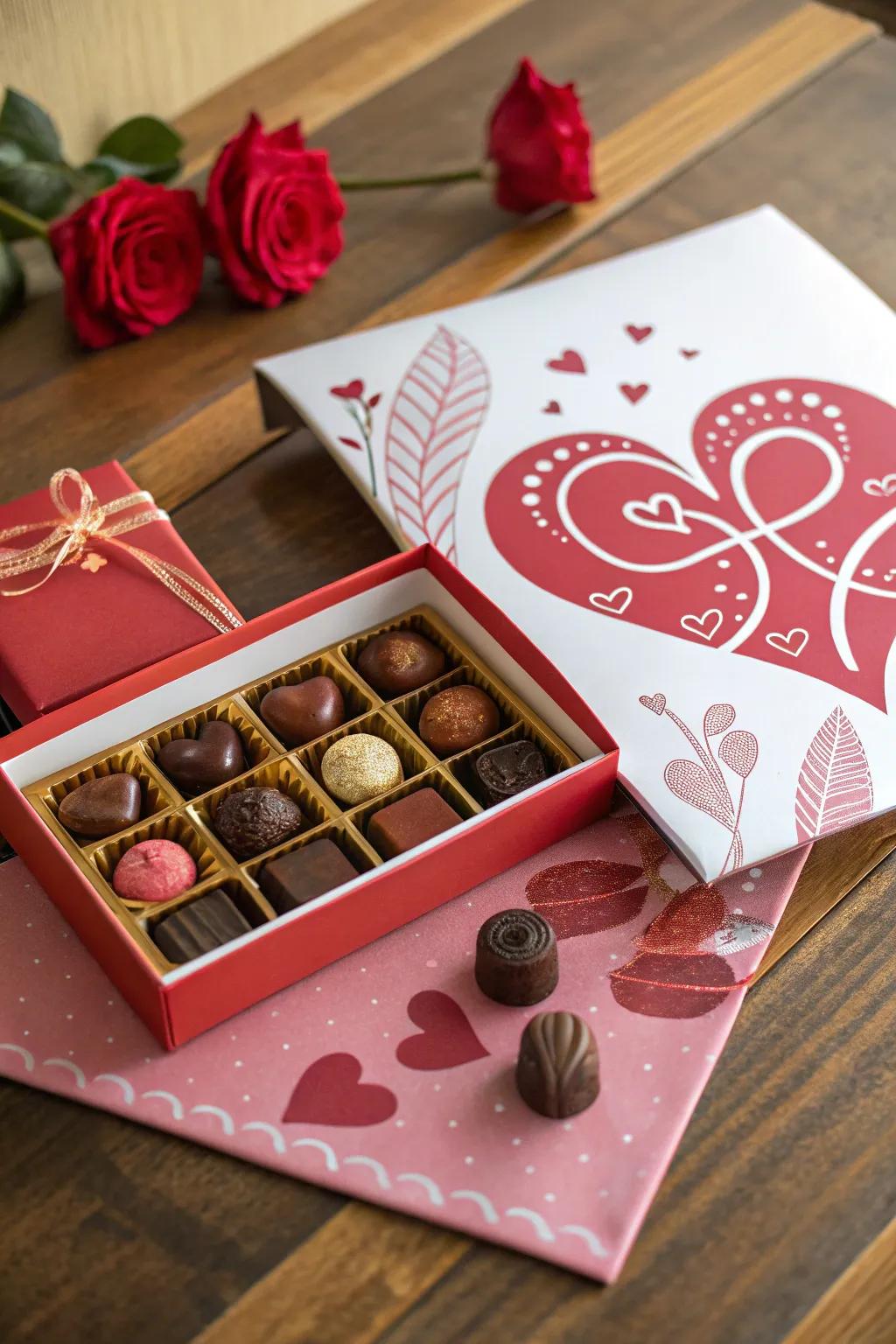 A charming Valentine's poster paired with chocolates for a thoughtful touch.