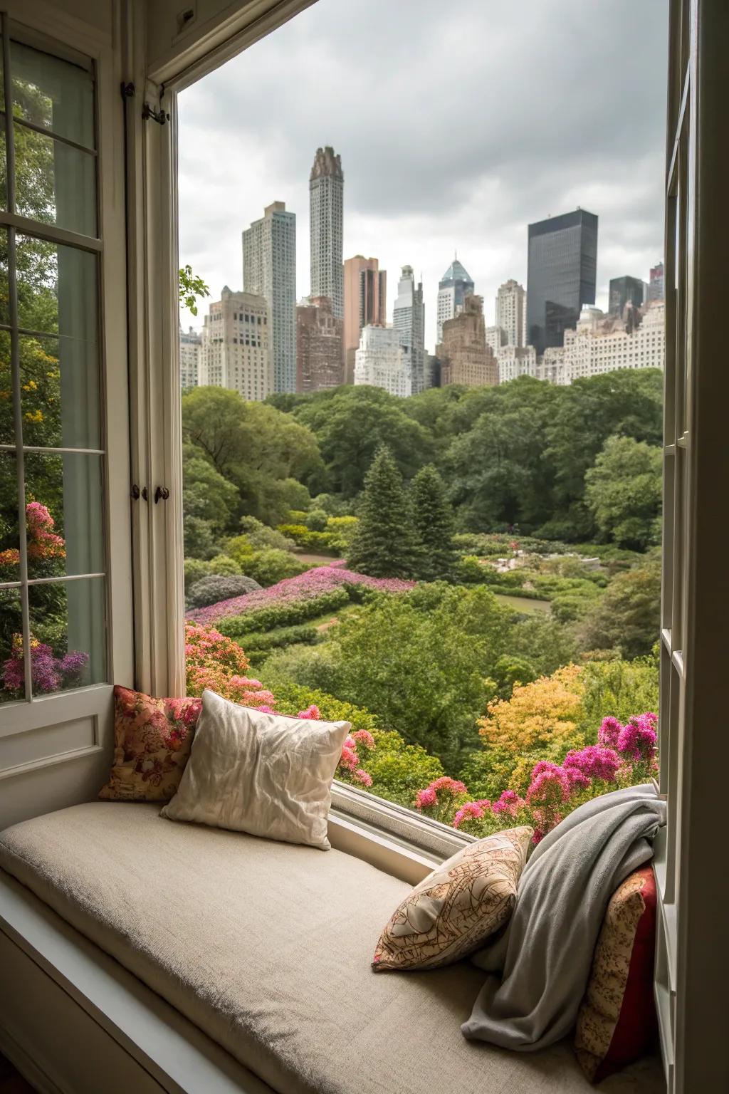 A window seat offering an inviting view of the outdoors, perfect for daydreaming.