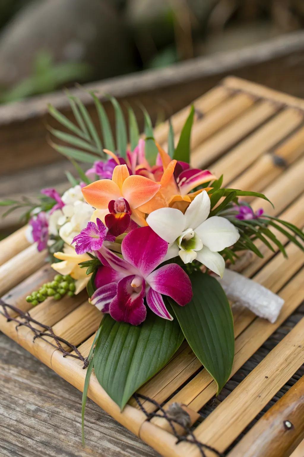 Vibrant tropical wrist corsage with orchids and hibiscus.