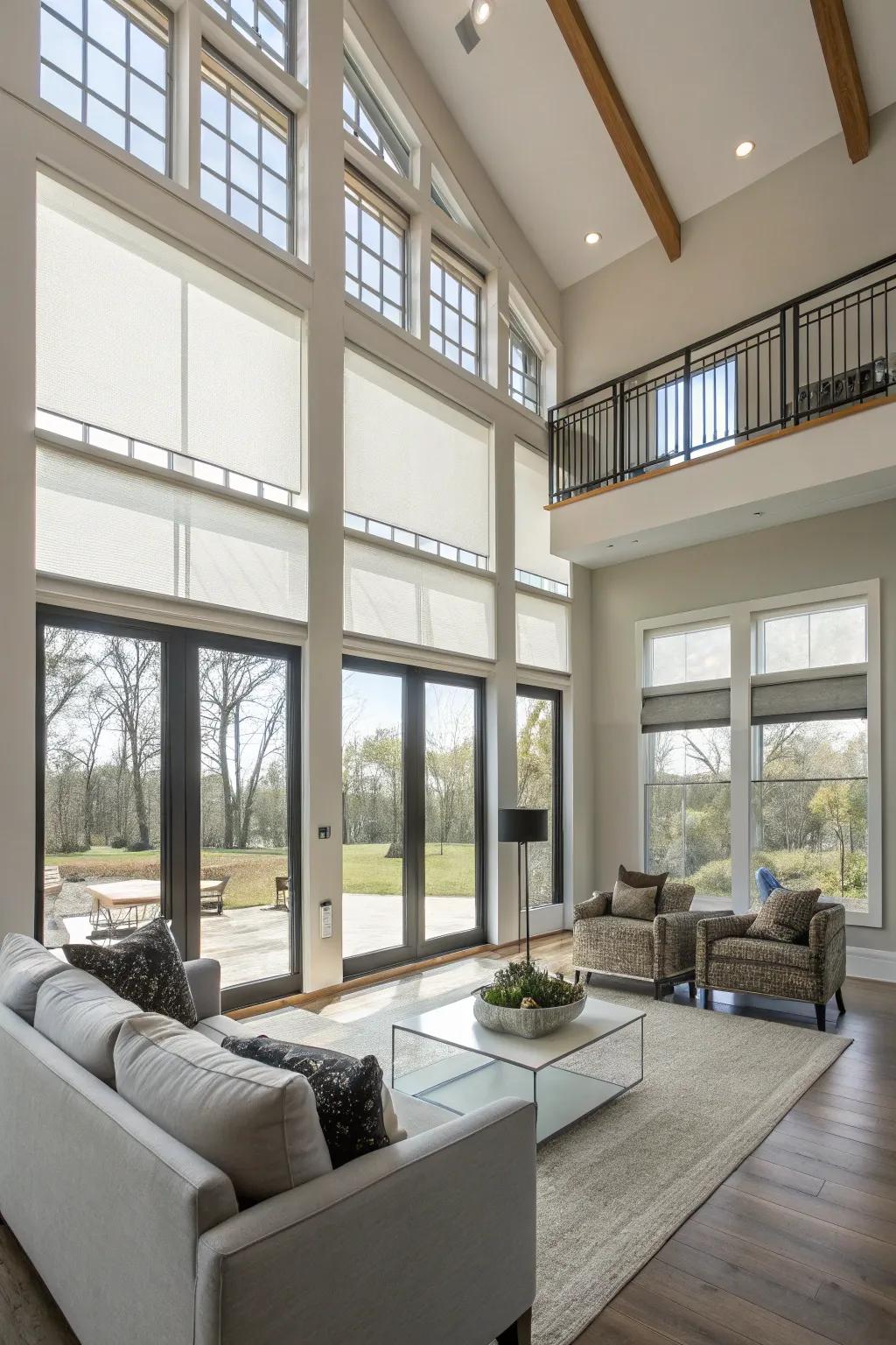 Smart window shades provide convenience and control in a modern great room.