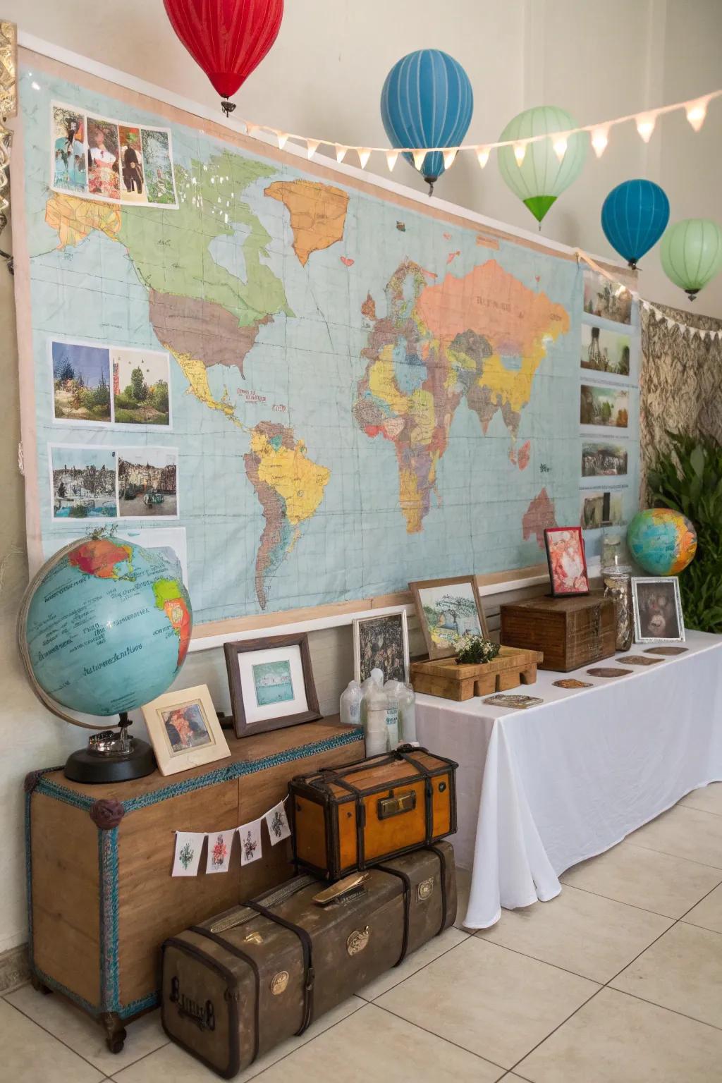 Travel-themed decorations celebrating a life of adventures.