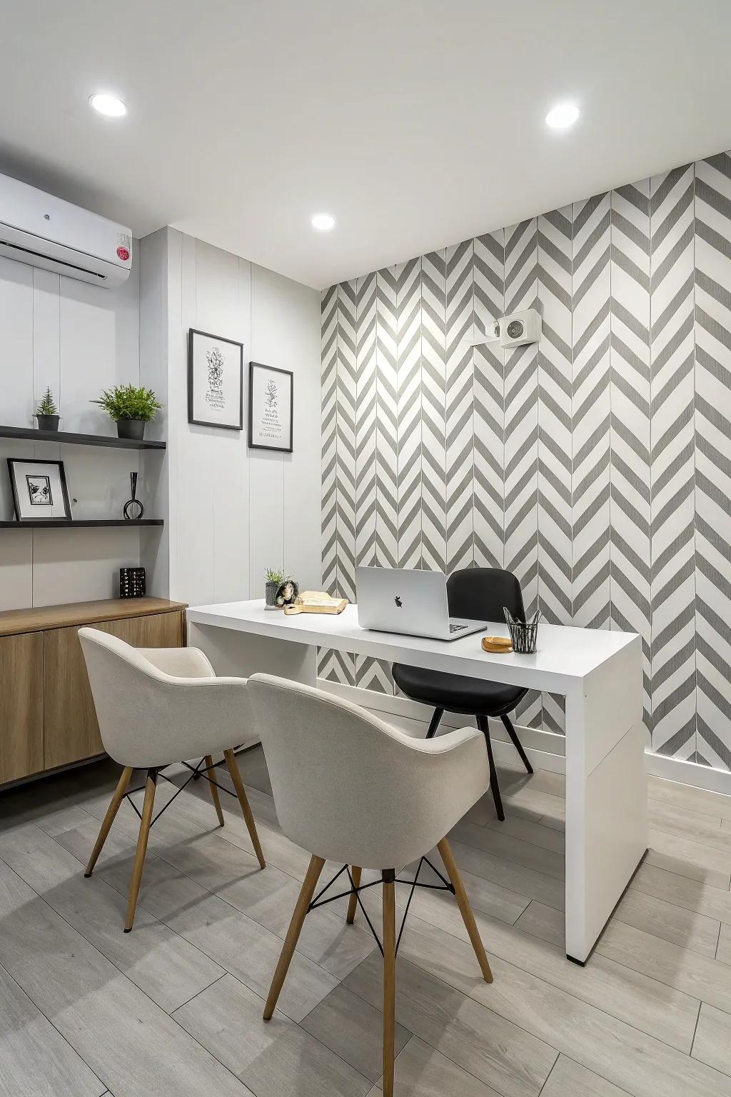 A sleek office space with a monochrome accent wall.