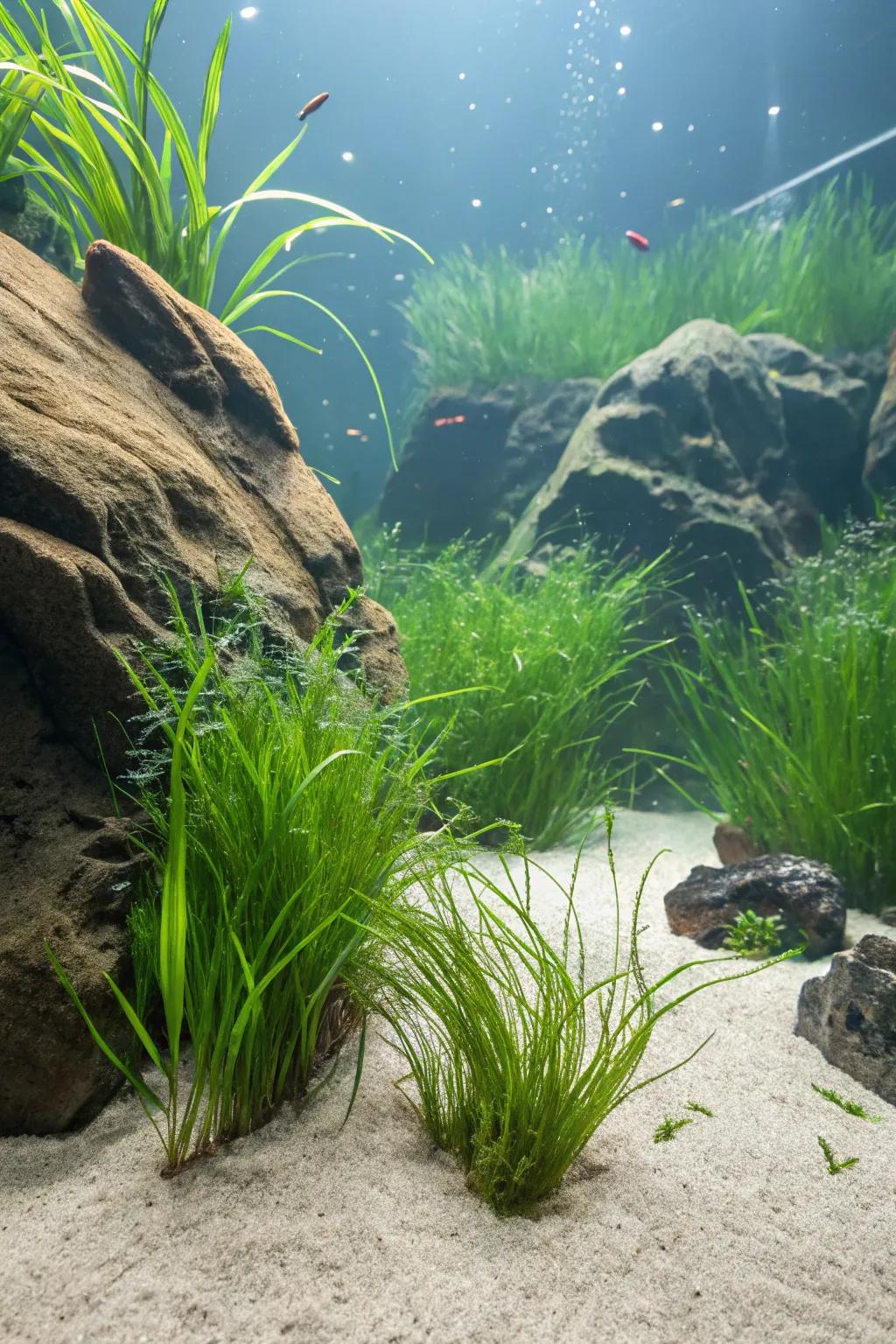 Create a tranquil underwater meadow with flowing grasses.