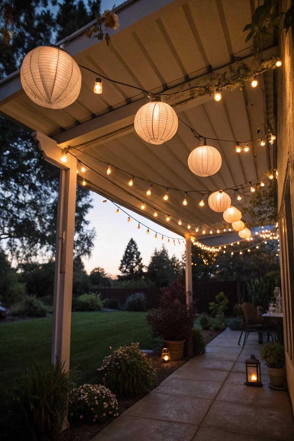 Create enchanting evenings with string lights and lanterns.