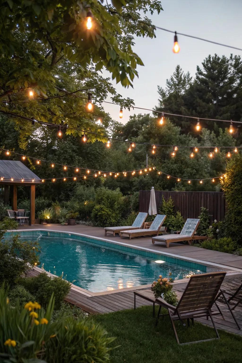 A cozy pool area lit up with ambient lighting.