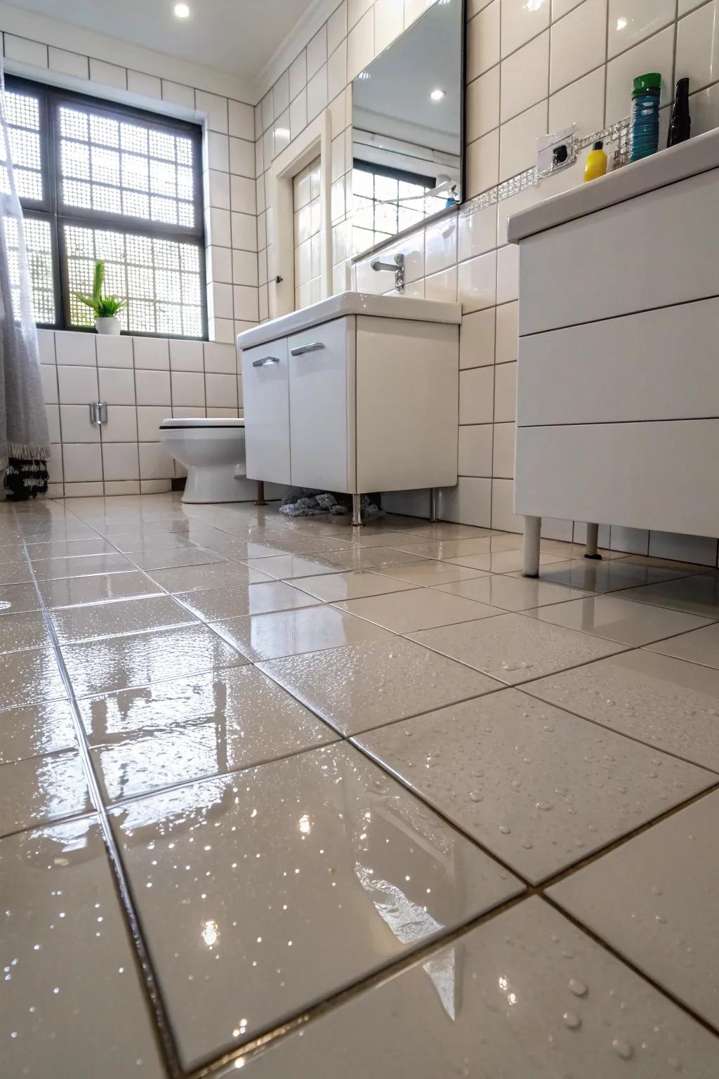 A bathroom showcasing shiny tiles that appear slippery, posing a potential hazard.