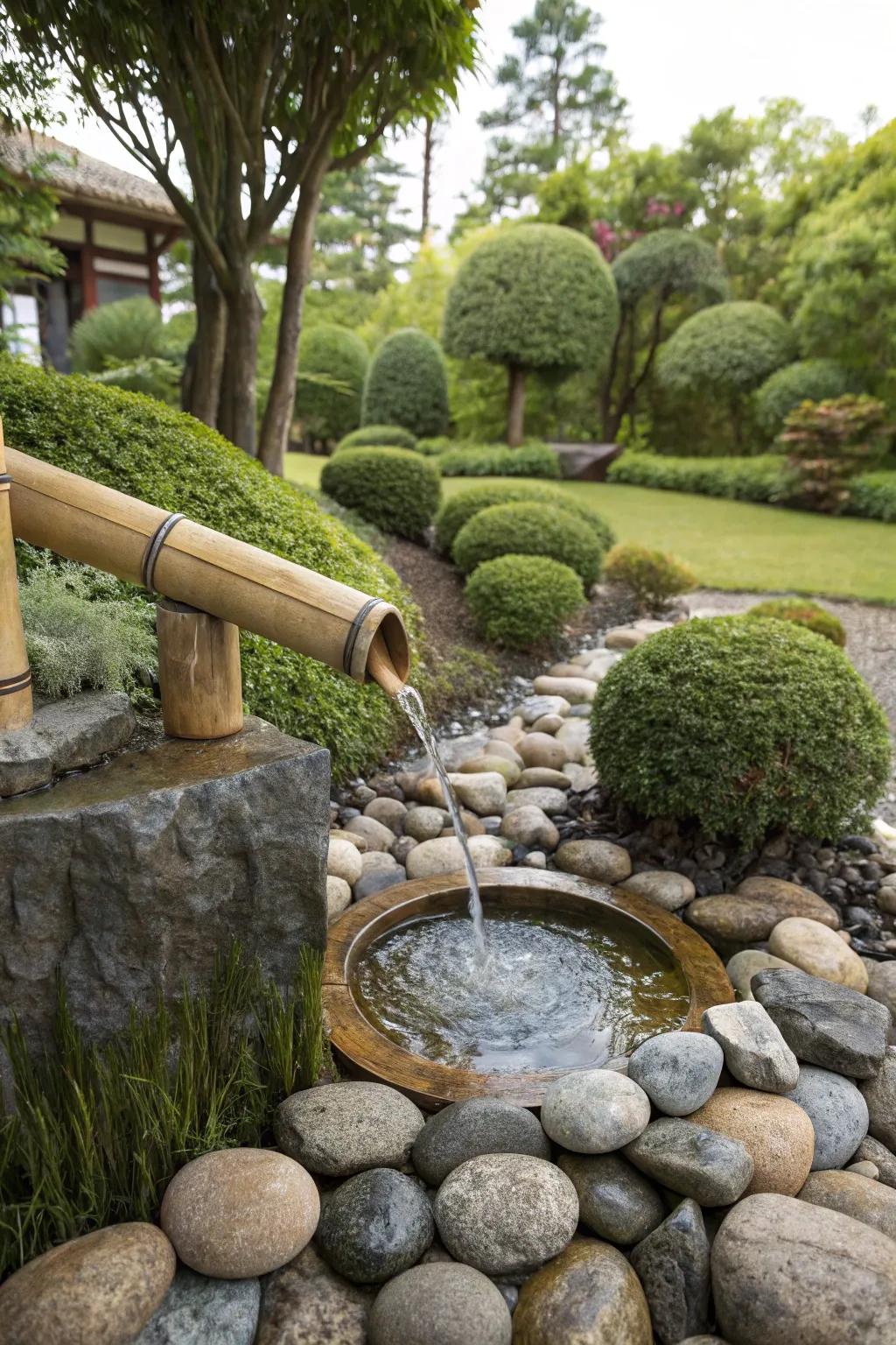 A bamboo fountain blending beautifully with natural stones.