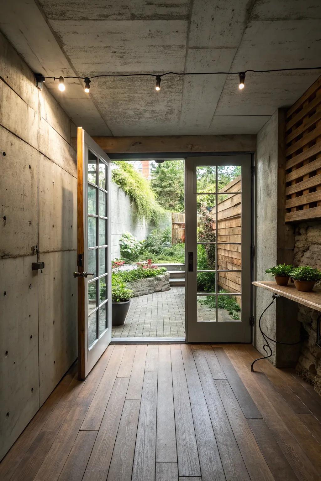 A basement exhibiting seamless access to an outdoor patio.