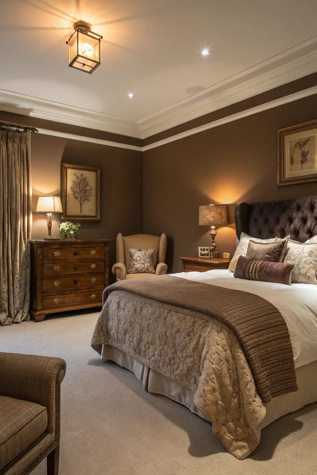 Rich chocolate tones create a luxurious and intimate bedroom setting.