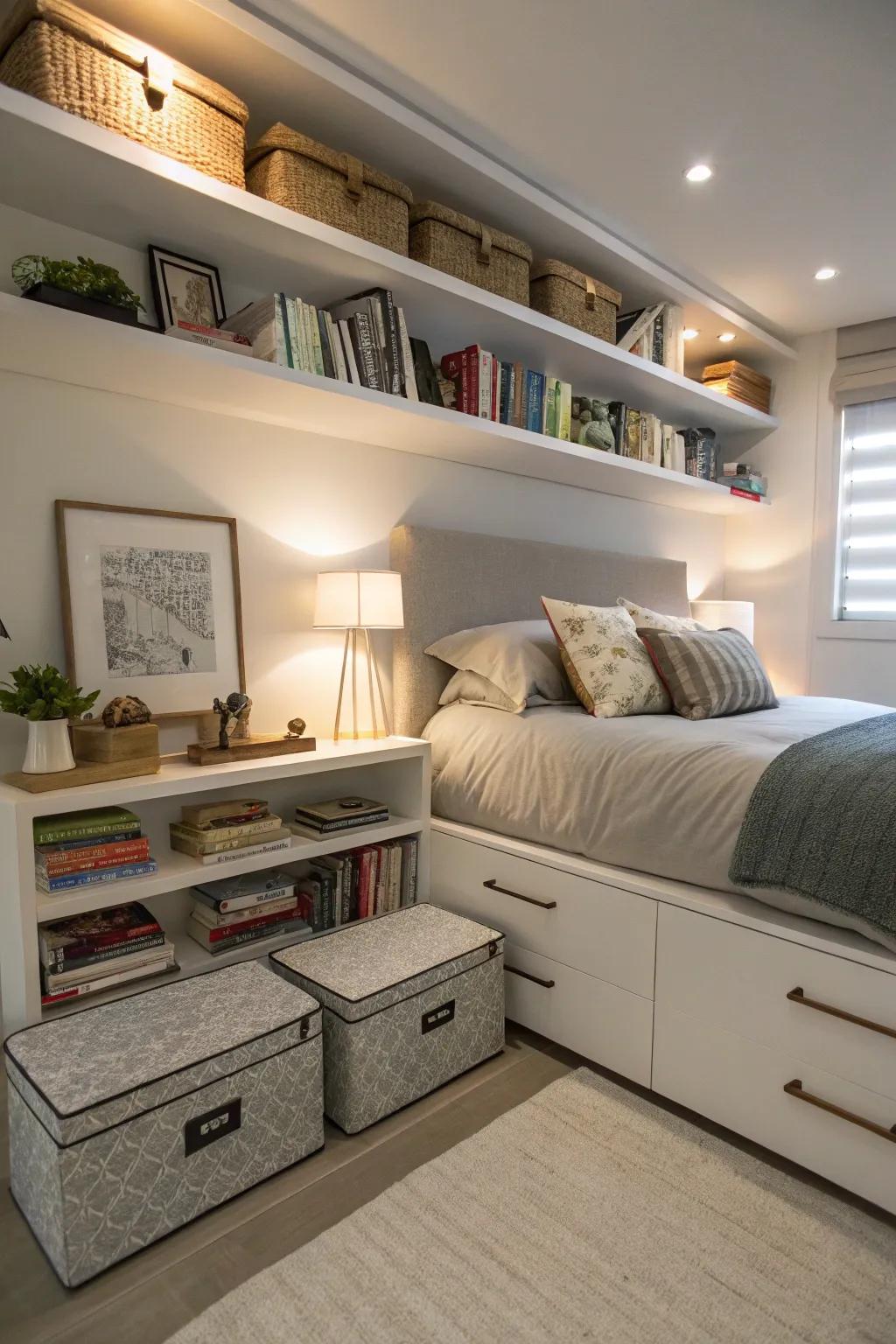 Creative storage solutions help keep your bedroom clutter-free.