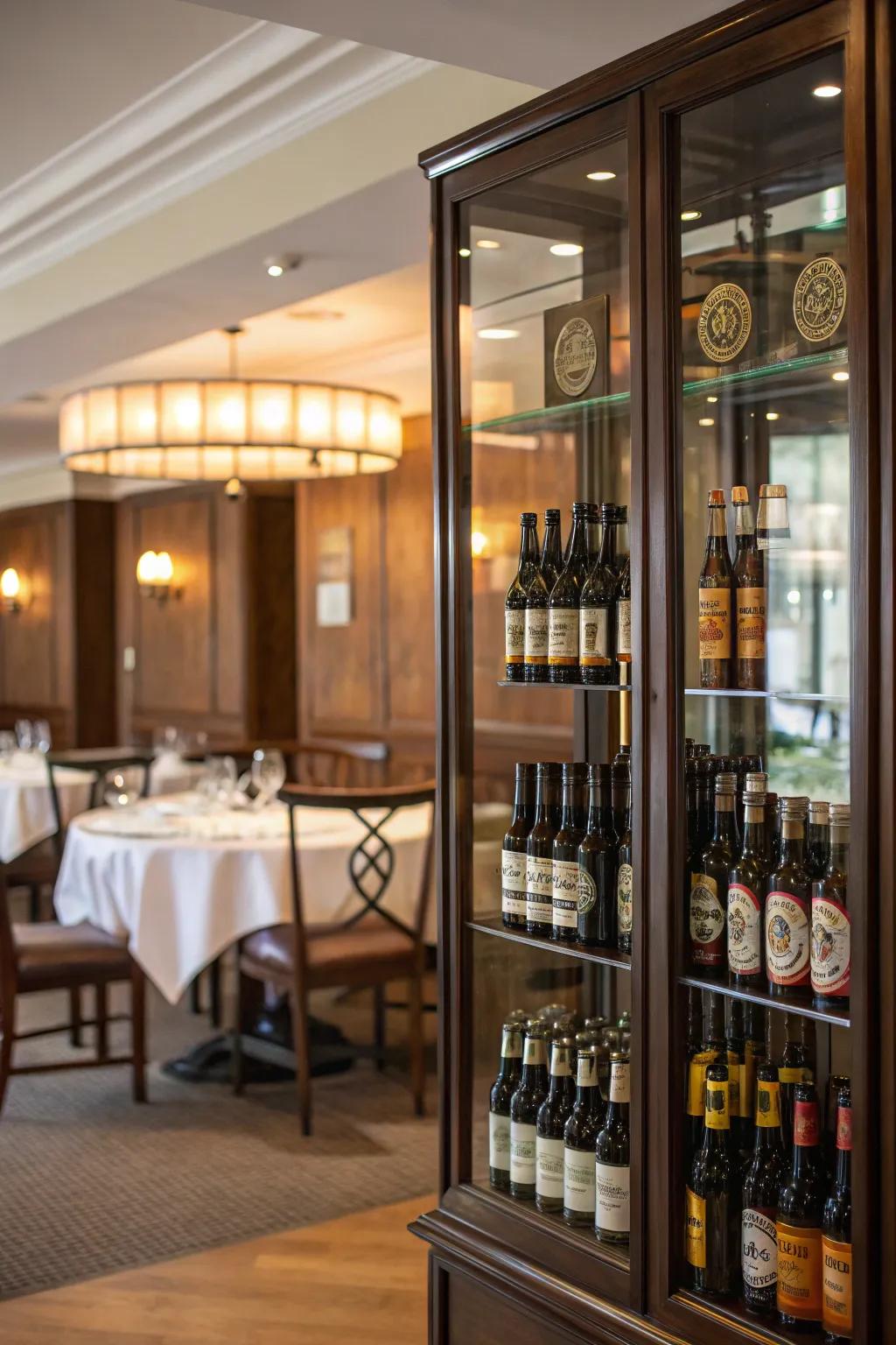 An elegant glass display cabinet with beer bottles in a dining room.