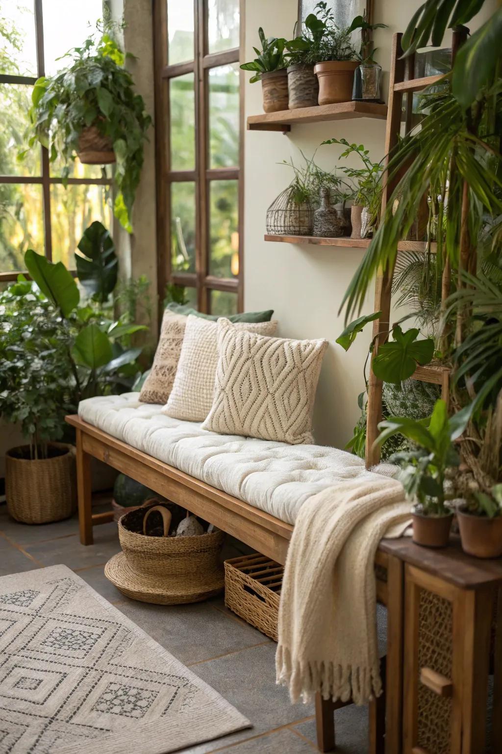 Natural fiber cushions add eco-friendly elegance to your bench.