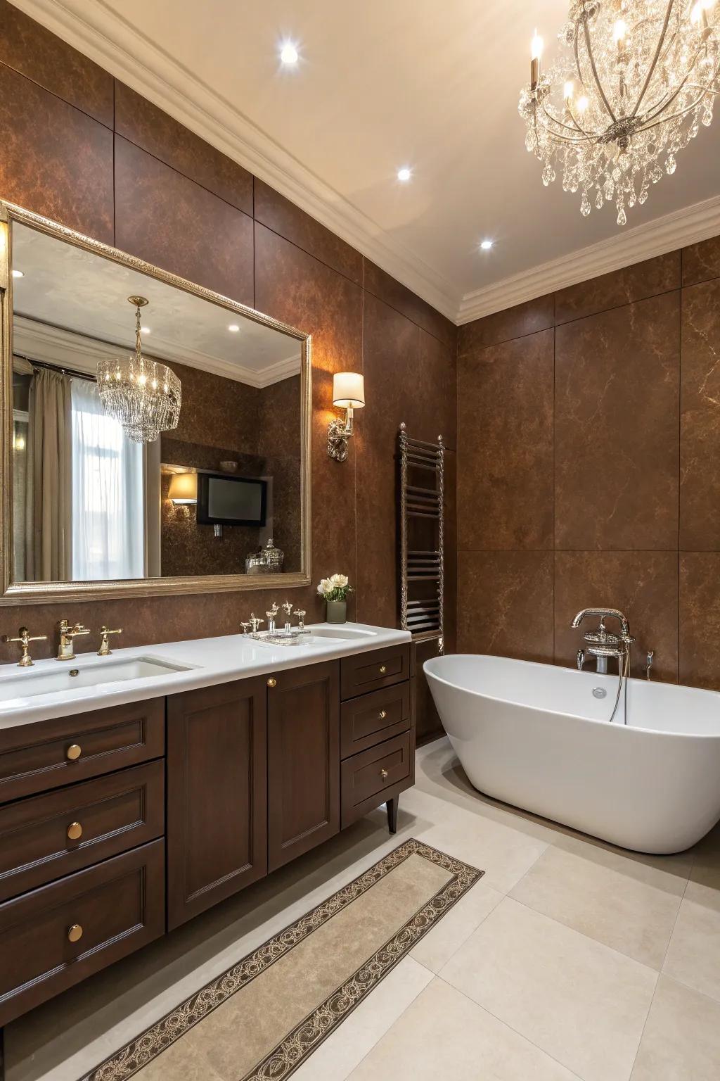 A luxurious spa-like bathroom with rich brown walls.