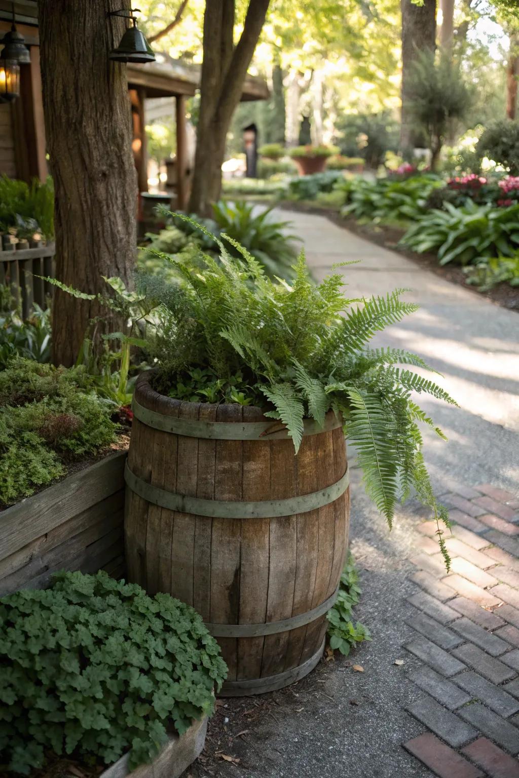 Textured ferns gracefully adorning a whiskey barrel.