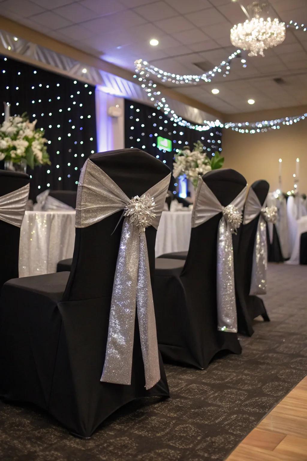 Chic chair covers with silver sashes for added sophistication.