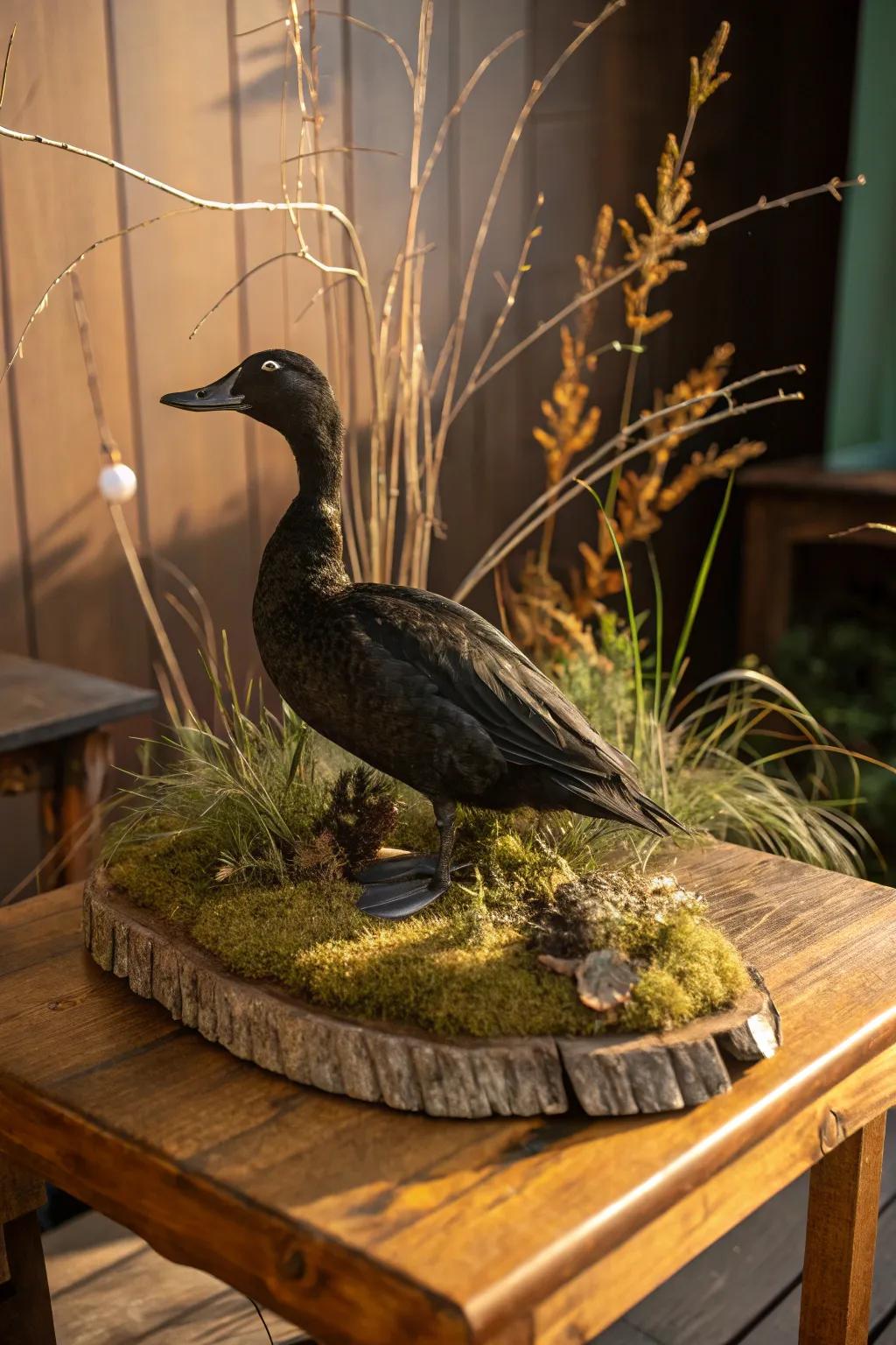 A waterfowl display accented with organic constituents for authenticity.