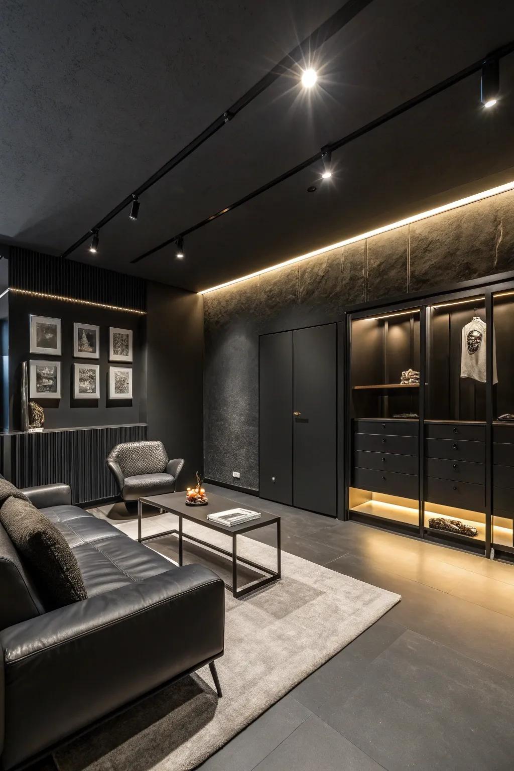 Functional and aesthetic elements balance a black room.