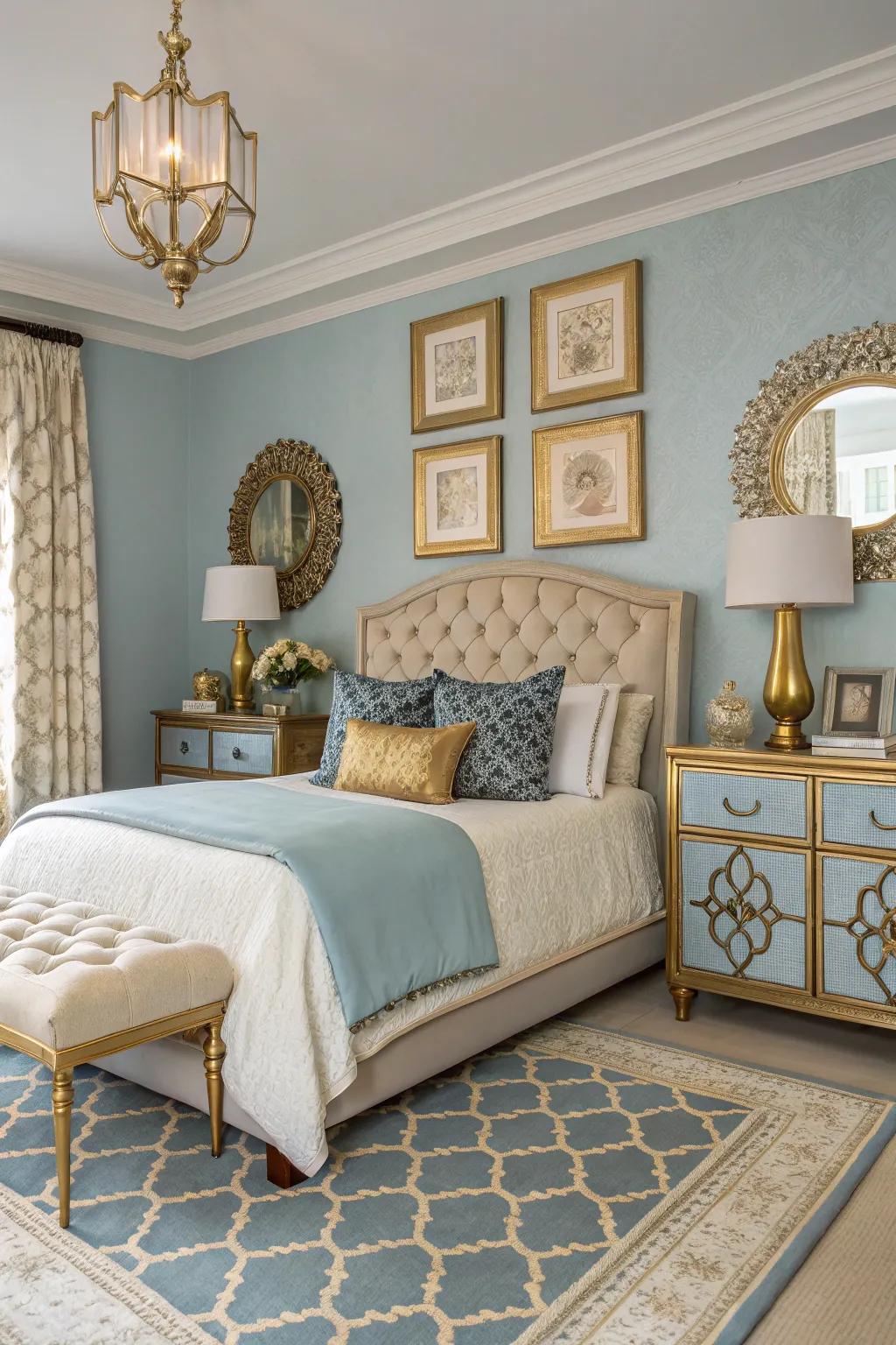 Gold accents add warmth to blue tones.