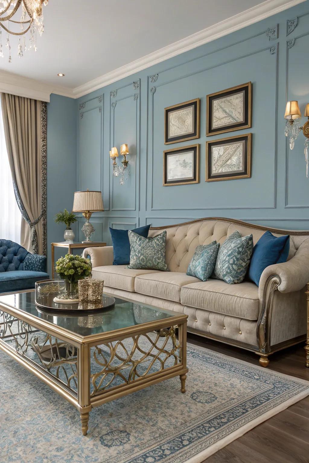 Metallic accents add a touch of glamour to the blue-themed living room.