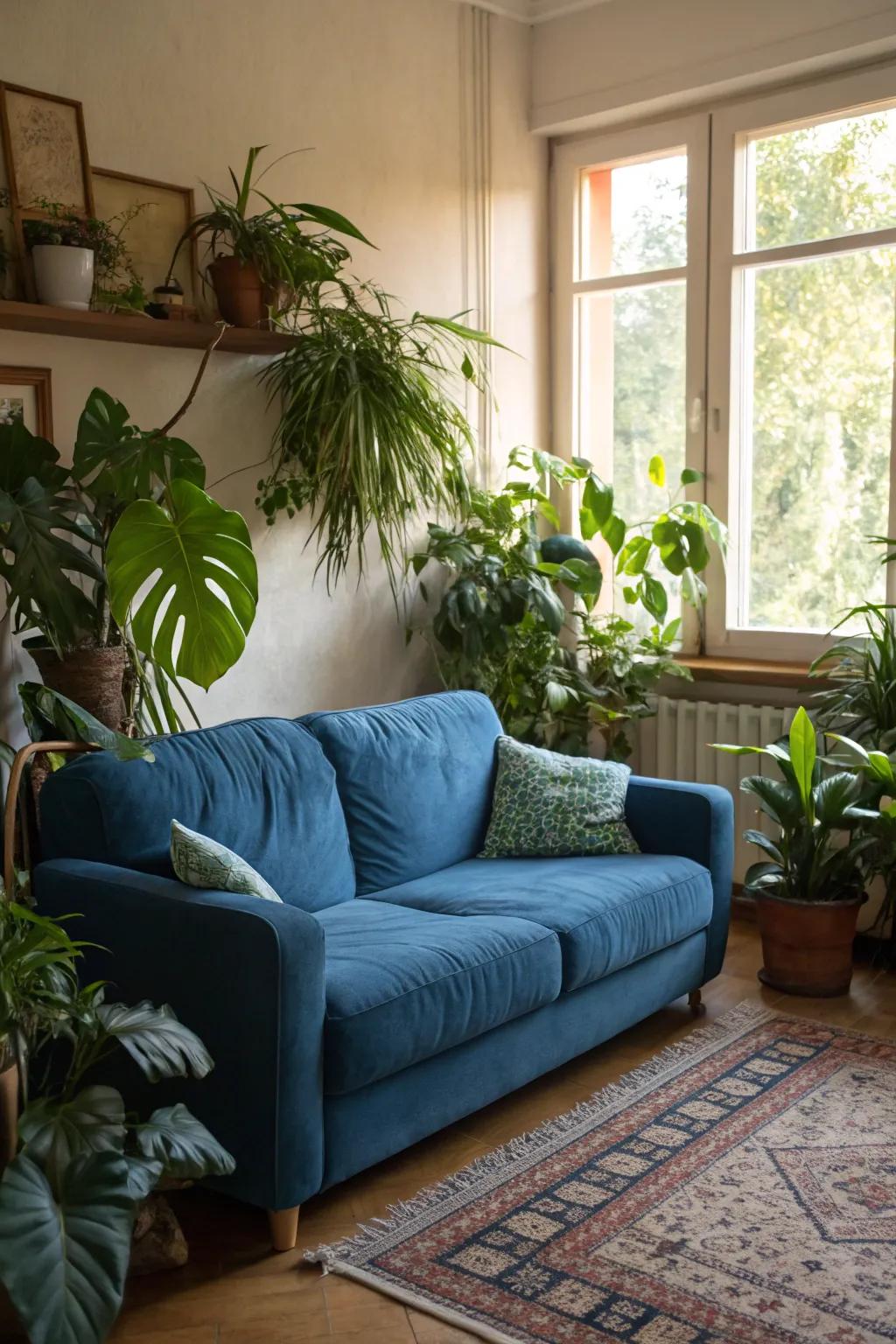A blue settee arrangement will feel fresher with plants.