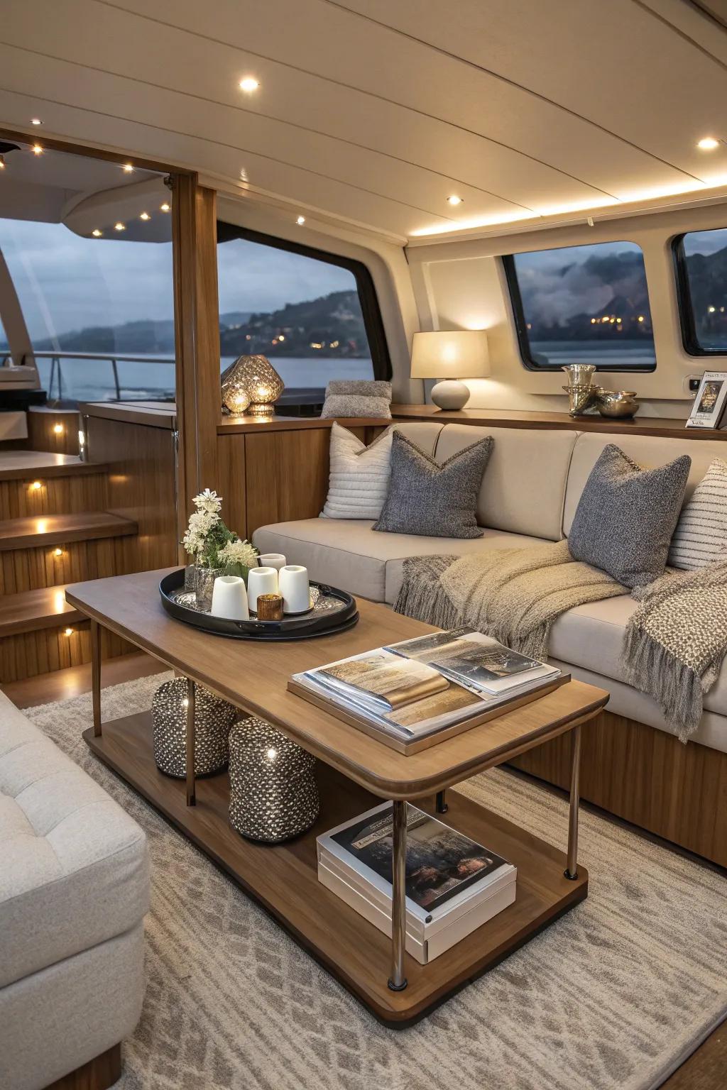 Multi-tiered occasional counter within an elegant vessel cabin.