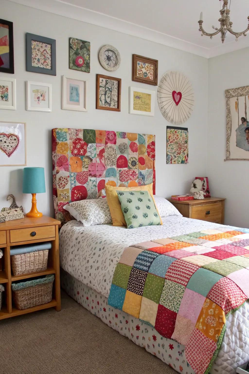 Patchwork fabrics bring vibrant colors and patterns to this headboard.